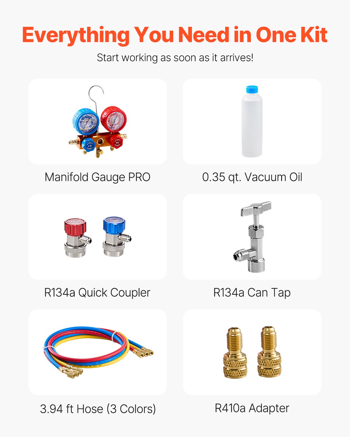 VEVOR Pompa per Vuoto e Manometro AC 1,65 L/s, ad Aria HVAC a Palette Rotanti Monostadio, Kit Manometro per Collettore Refrigerante A/C, con Tubi, Refrigeranti R134a R12 R22 R502a R410A R404 R407C