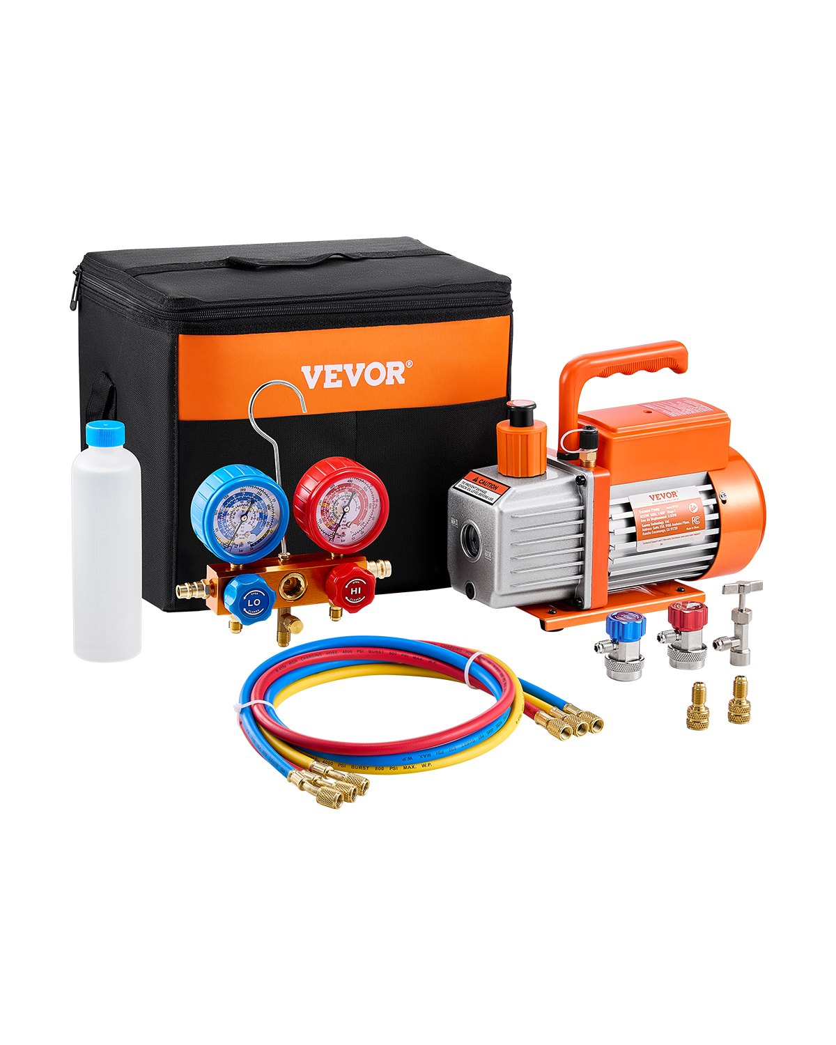 VEVOR Pompa per Vuoto e Manometro AC 1,65 L/s, ad Aria HVAC a Palette Rotanti Monostadio, Kit Manometro per Collettore Refrigerante A/C, con Tubi, Refrigeranti R134a R12 R22 R502a R410A R404 R407C