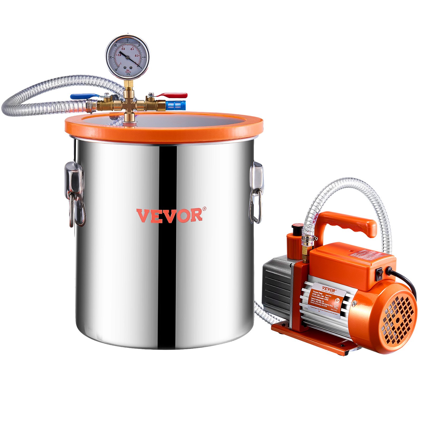 VEVOR 18.93 L Vacuum Chamber & 3.5 CFM Pump, Stainless Steel Chamber, Single-Stage Vacuum Pump Degassing Chamber Kit, with Acrylic Lid, Oil, 1.5 m Hose, Vacuum Pump Kit for Degassing Resin, Silicone, and Epoxy Resins