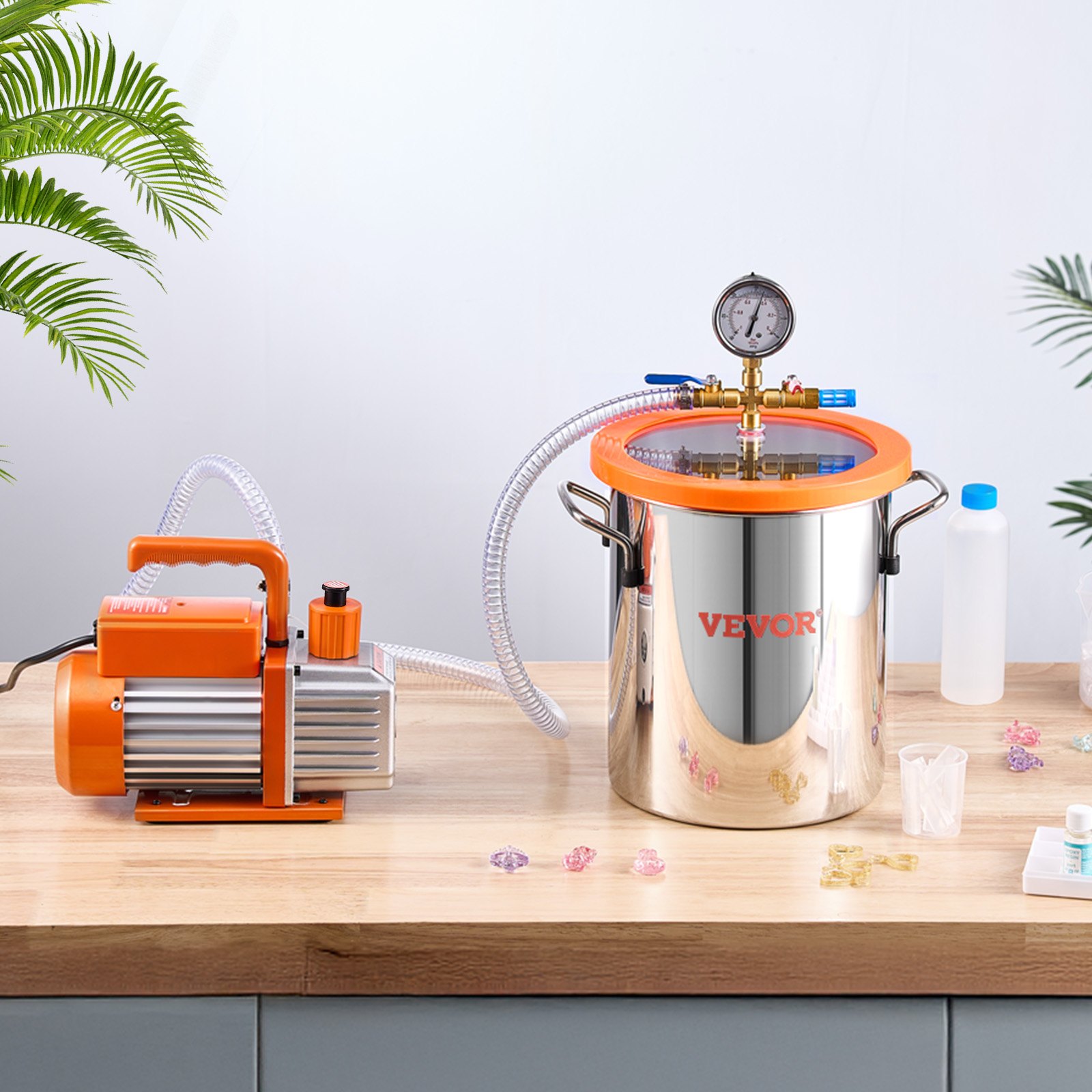 VEVOR Kit Camera a Vuoto 11,35 L e Pompa 1,65 L/s, in Acciaio Inox, Camera di Degasaggio Pompa a Vuoto Monostadio, con Coperchio, Olio, Tubo Flessibile, per Degasaggio Resina Epossidica Siliconica