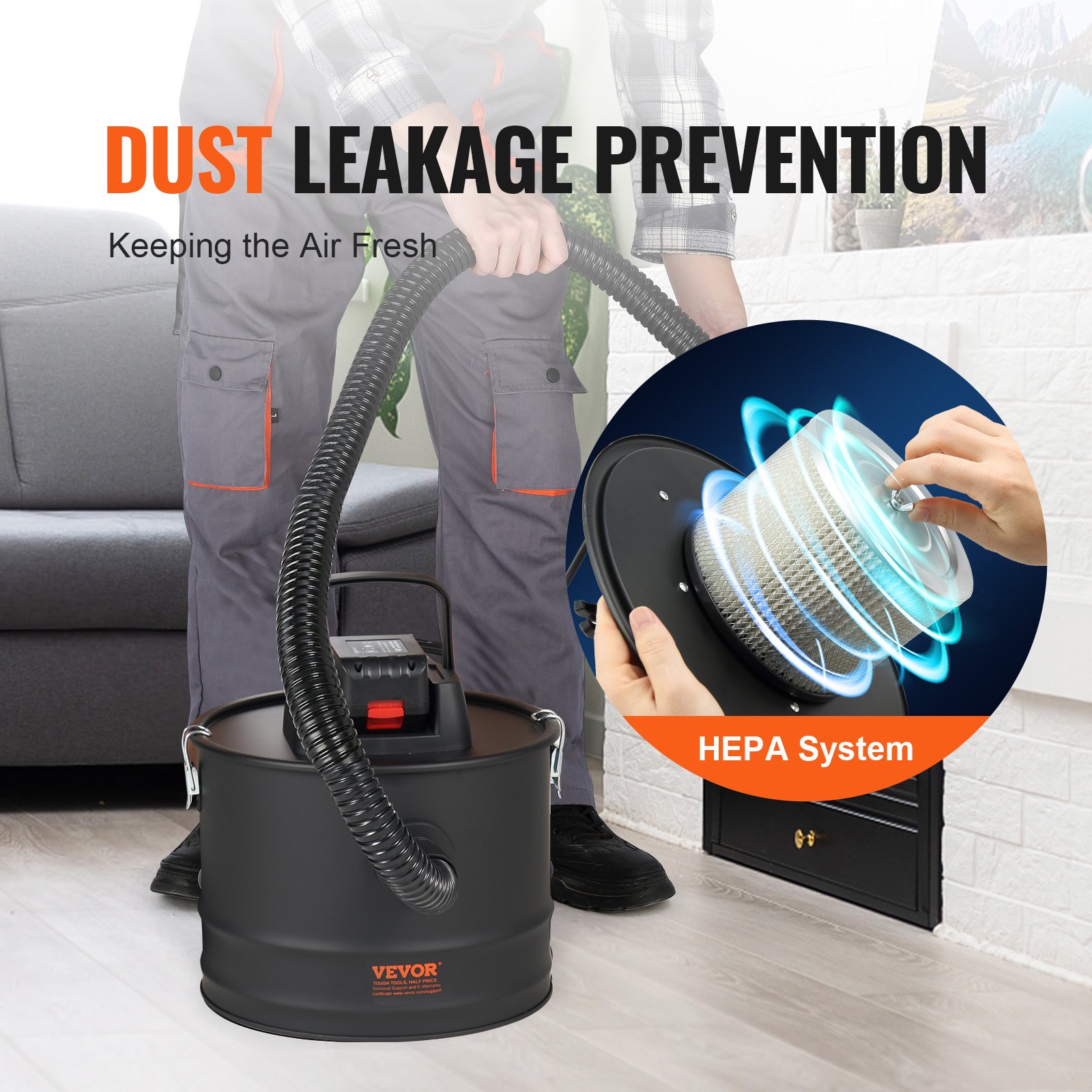 VEVOR Aspiracenere, Capacità 15 L Aspirapolvere per Caminetti con Aspirazione Inversa, Potente Aspirazione, Cavo di Alimentazione 1,8 m Aspirazione Massima 10 Kpa, per Caminetti, Stufe a Pellet, Nero