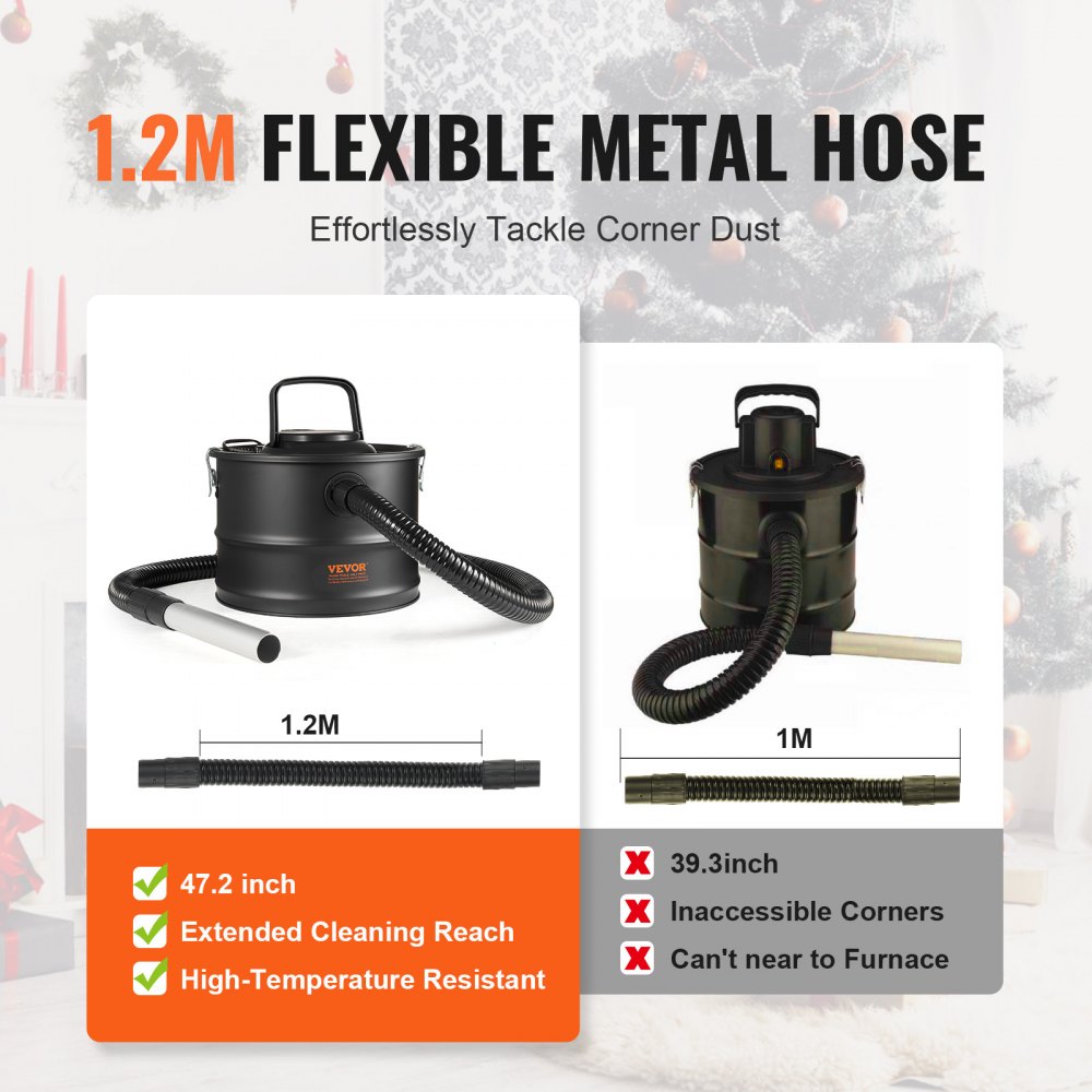 VEVOR Aspiracenere 15 L Aspiracamino con Forte Potenza di Aspirazione 1200 W con Aspirazione Inversa, Cavo di Alimentazione 3M, Potenza di Aspirazione 16 Kpa Max, per Stufe a Pellet, Stufe a Legna