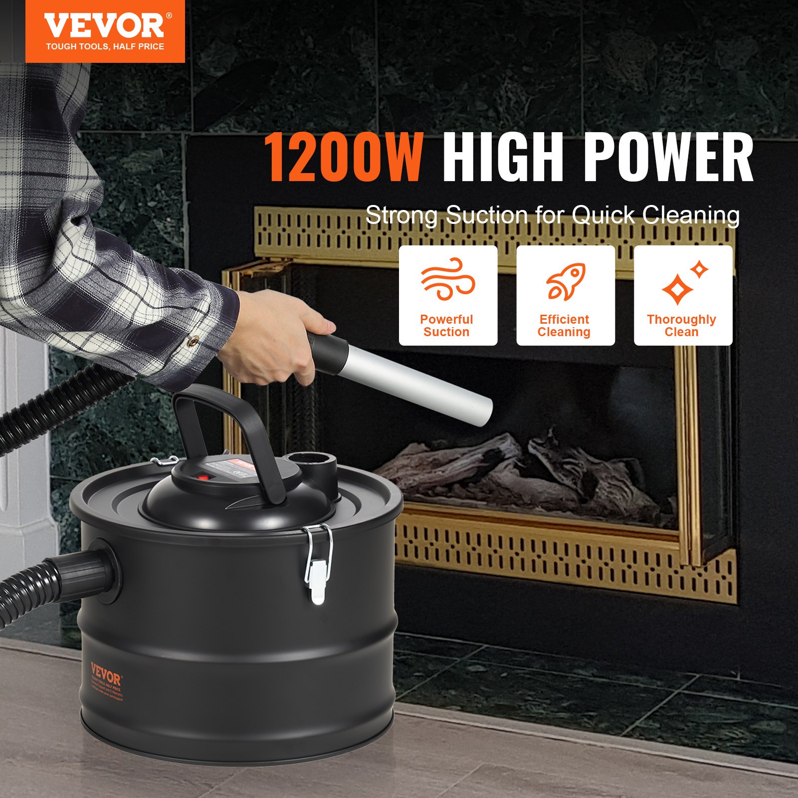 VEVOR Aspiracenere 15 L Aspiracamino con Forte Potenza di Aspirazione 1200 W con Aspirazione Inversa, Cavo di Alimentazione 3M, Potenza di Aspirazione 16 Kpa Max, per Stufe a Pellet, Stufe a Legna