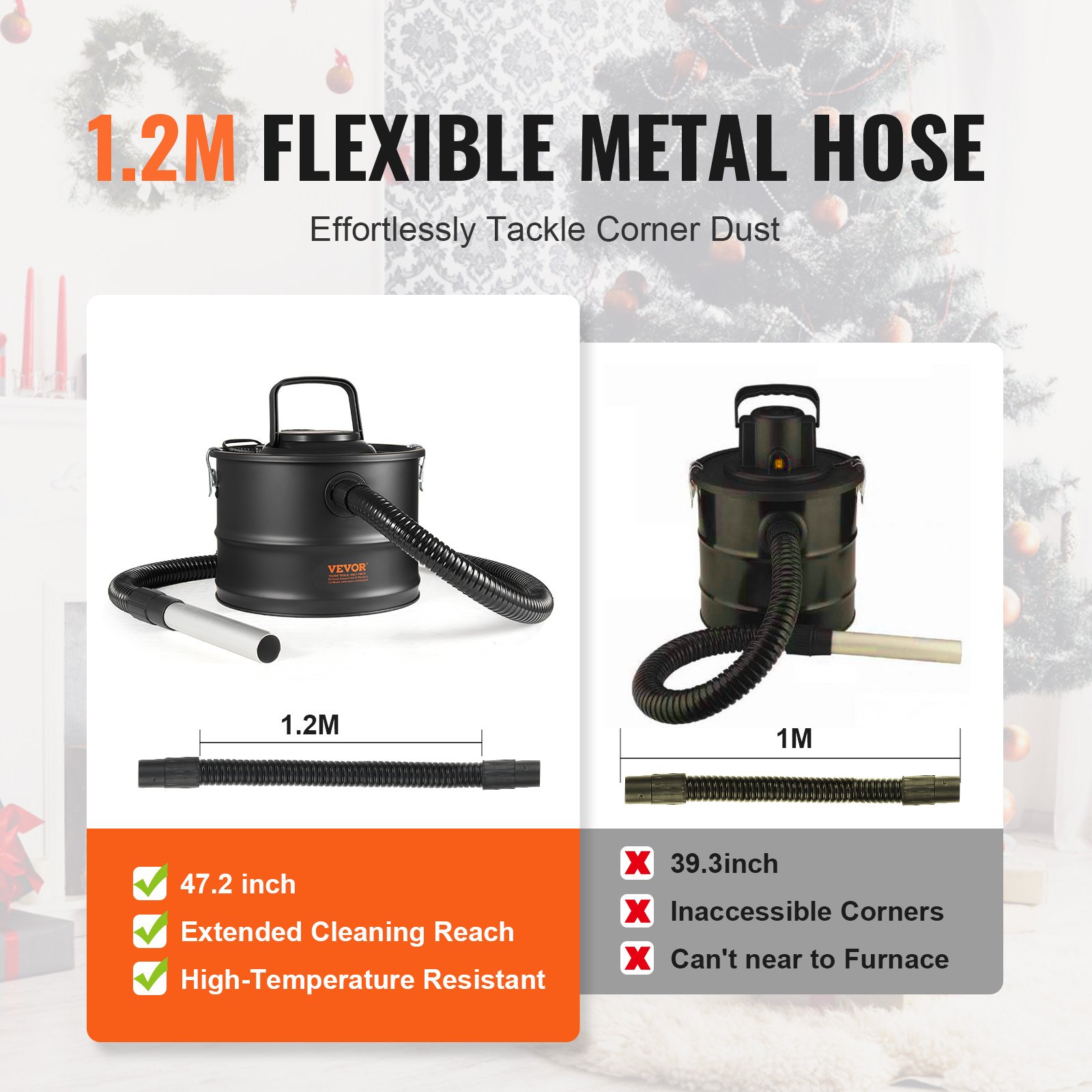 VEVOR Aspiracenere 15 L Aspiracamino con Forte Potenza di Aspirazione 1200 W con Aspirazione Inversa, Cavo di Alimentazione 3M, Potenza di Aspirazione 16 Kpa Max, per Stufe a Pellet, Stufe a Legna