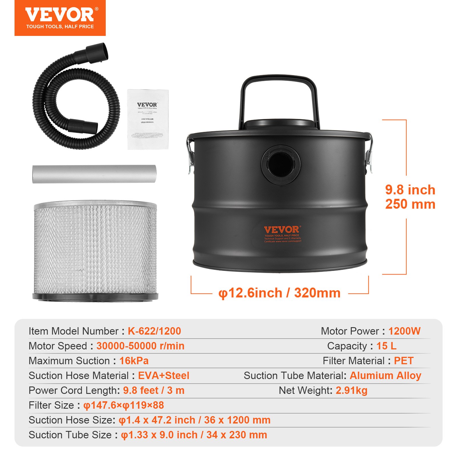 VEVOR Aspiracenere 15 L Aspiracamino con Forte Potenza di Aspirazione 1200 W con Aspirazione Inversa, Cavo di Alimentazione 3M, Potenza di Aspirazione 16 Kpa Max, per Stufe a Pellet, Stufe a Legna