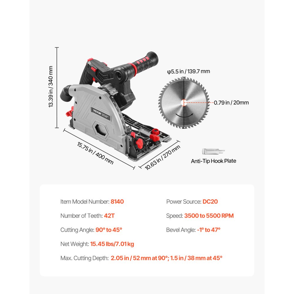VEVOR Troncatrice a Binario Senza Fili, Lama 13,97 cm Kit Troncatrice Circolare a Tuffo Senza Spazzole, Custodia Rigida, Profondità Taglio 52 mm per Legno Metallo, per Batterie Makita, Solo Utensile