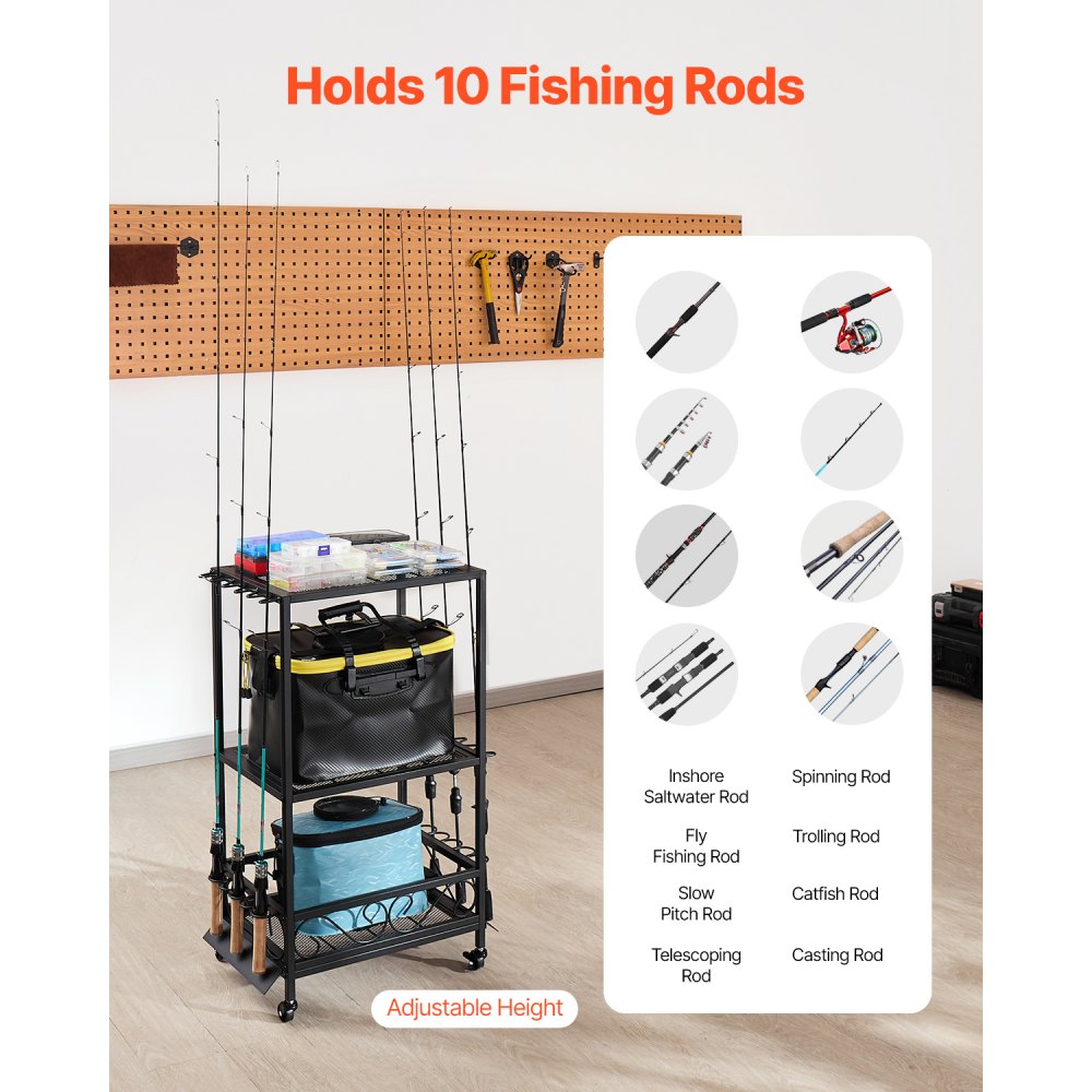 VEVOR Fishing Rod Holder for 10 Fishing Rods, Rolling Rod Stand Made of Alloy Steel for Organization and Storage, Space-Saving Floor Stand for Fishing Equipment, Gifts for Fishing Enthusiasts
