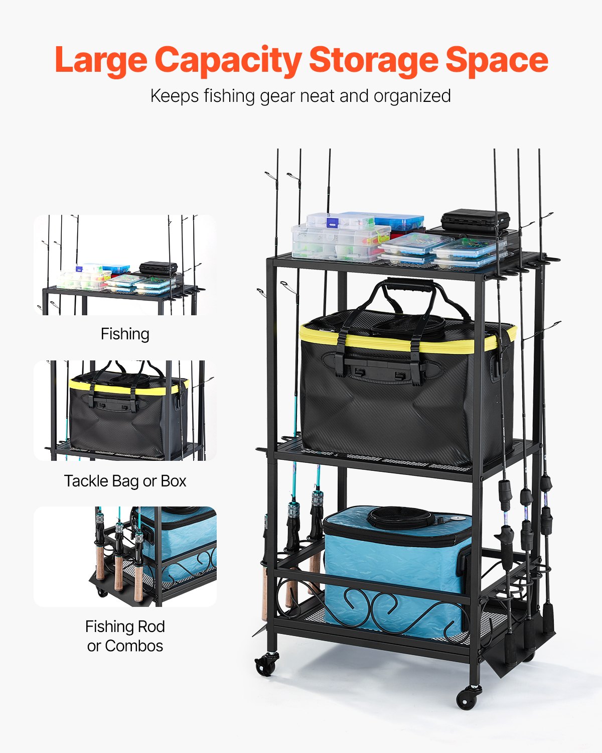 VEVOR Fishing Rod Holder for 10 Fishing Rods, Rolling Rod Stand Made of Alloy Steel for Organization and Storage, Space-Saving Floor Stand for Fishing Equipment, Gifts for Fishing Enthusiasts