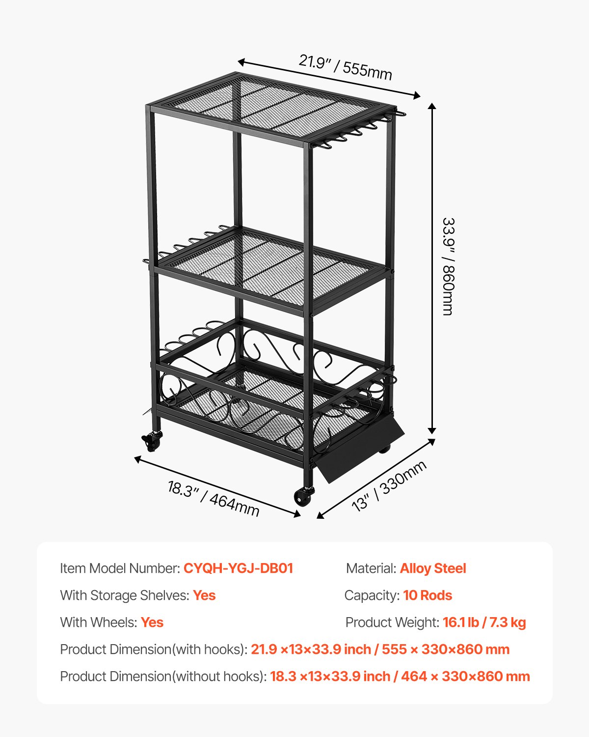 VEVOR Fishing Rod Holder for 10 Fishing Rods, Rolling Rod Stand Made of Alloy Steel for Organization and Storage, Space-Saving Floor Stand for Fishing Equipment, Gifts for Fishing Enthusiasts