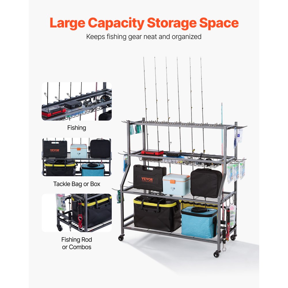 VEVOR Portacanne da Pesca per 15 Aste, Portacanne con Ruote in Lega di Acciaio per Organizzare e Riporre, Supporto da Pavimento Salvaspazio per Attrezzatura da Pesca, Archiviazione Multifunzionale