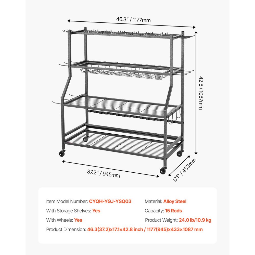 VEVOR Portacanne da Pesca per 15 Aste, Portacanne con Ruote in Lega di Acciaio per Organizzare e Riporre, Supporto da Pavimento Salvaspazio per Attrezzatura da Pesca, Archiviazione Multifunzionale