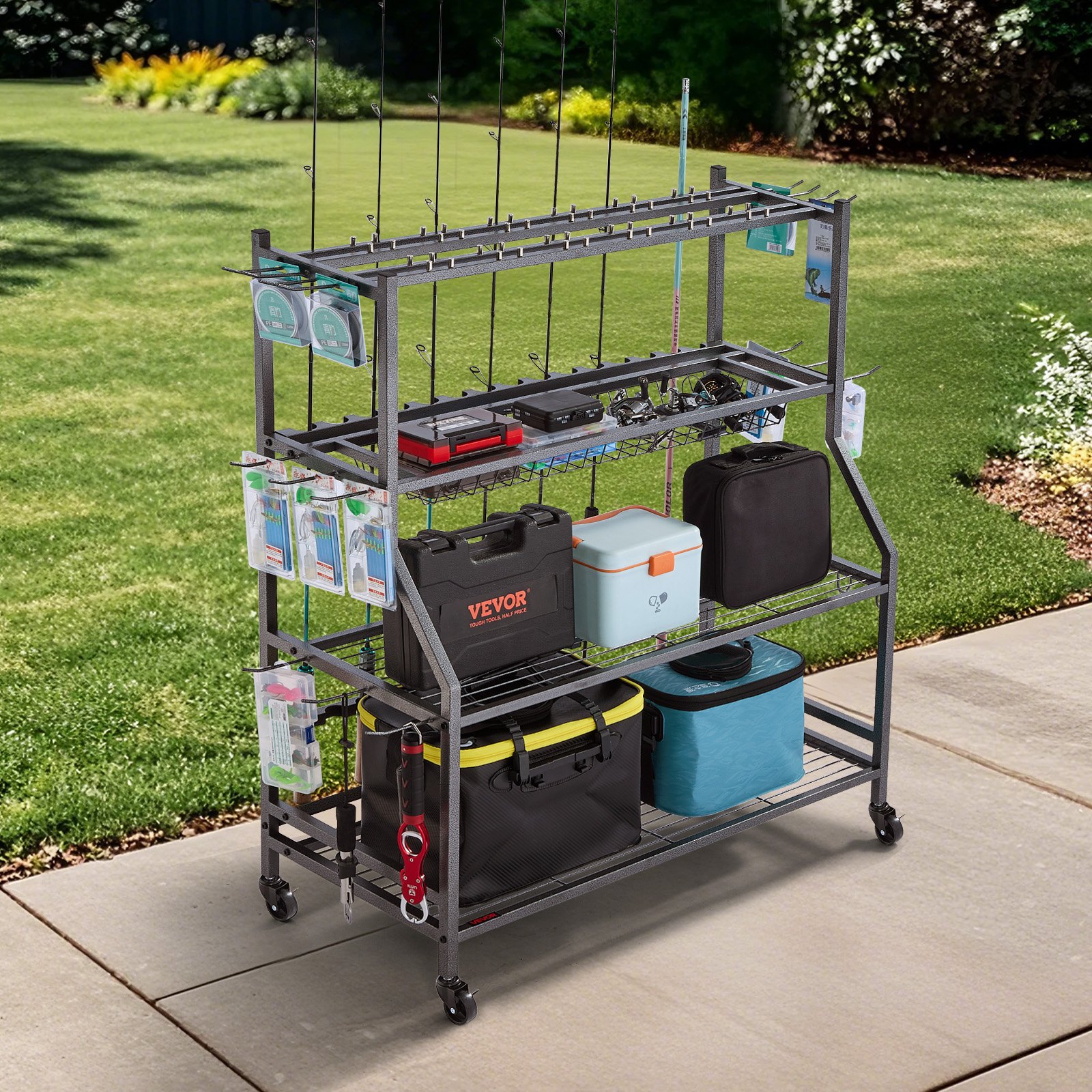 VEVOR Portacanne da Pesca per 15 Aste, Portacanne con Ruote in Lega di Acciaio per Organizzare e Riporre, Supporto da Pavimento Salvaspazio per Attrezzatura da Pesca, Archiviazione Multifunzionale