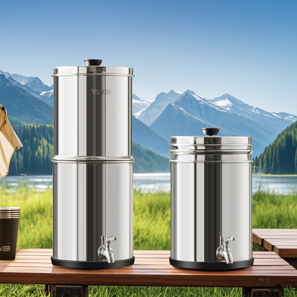 VEVOR Gravity Water Filtration System, Stainless Steel Countertop System, 4.4 + 5.5 L Water Filtration System, Reduces Lead and Up to 99% Chlorine, with 2 Carbon Filters & Tap, Camping, RV, Home