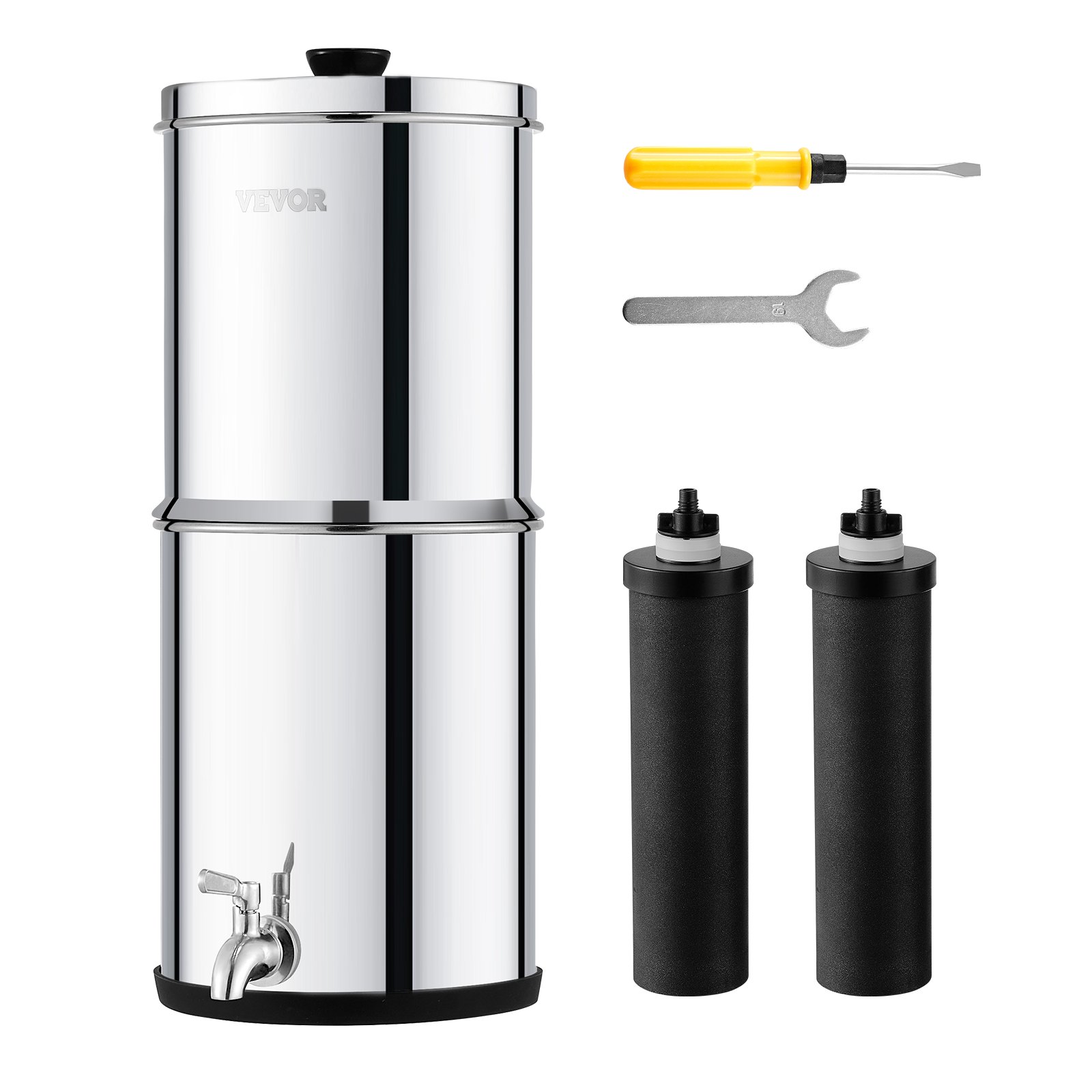 VEVOR Gravity Water Filtration System, Stainless Steel Countertop System, 4.4 + 5.5 L Water Filtration System, Reduces Lead and Up to 99% Chlorine, with 2 Carbon Filters & Tap, Camping, RV, Home