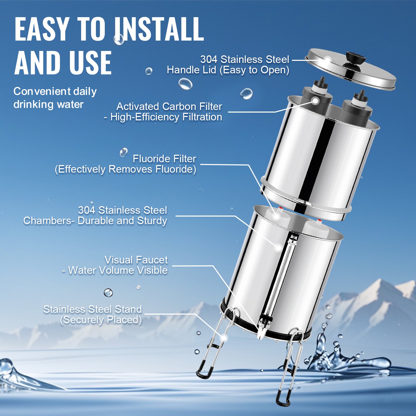 VEVOR Sistema di Filtraggio Acqua a Gravità Sistema in Acciaio Inox Sistema Filtraggio Acqua 7+7,5 L, Riduce Piombo e Cloro, con 2 Filtri al Carbone e 2 Filtri di Defluorurazione e Rubinetto Camper