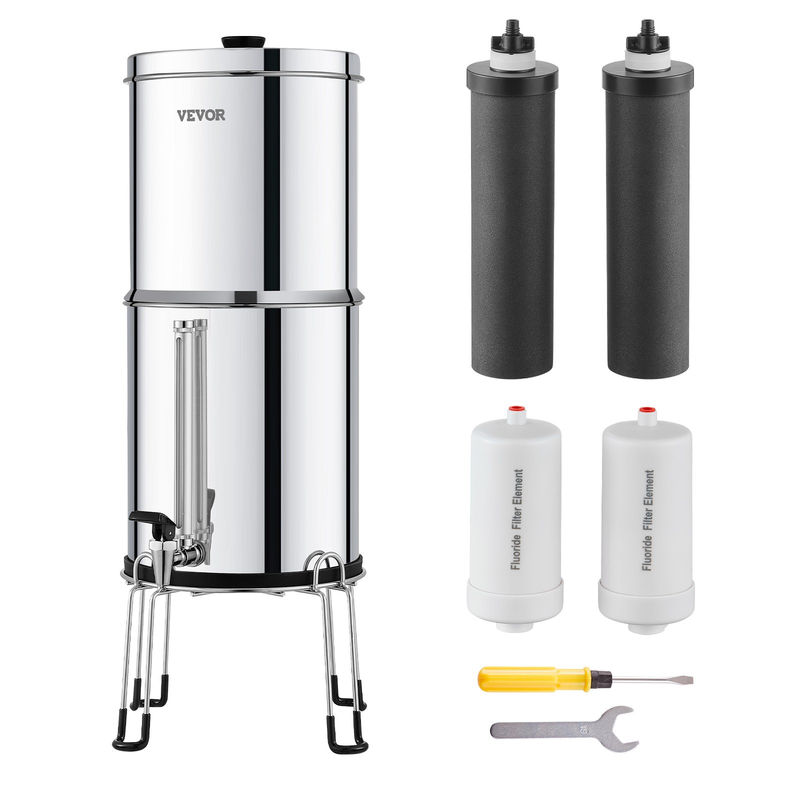 VEVOR Sistema di Filtraggio Acqua a Gravità Sistema in Acciaio Inox Sistema Filtraggio Acqua 7+7,5 L, Riduce Piombo e Cloro, con 2 Filtri al Carbone e 2 Filtri di Defluorurazione e Rubinetto Camper