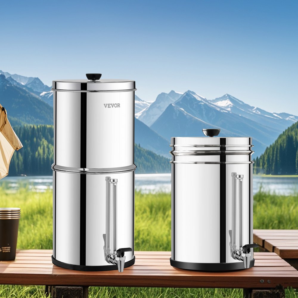 VEVOR Sistema di Filtraggio Acqua a Gravità Sistema in Acciaio Inox Sistema Filtraggio Acqua 7+8,5 L, Riduce Piombo e Cloro, con 2 Filtri al Carbone e Rubinetto del Livello dell'Acqua, per Camper