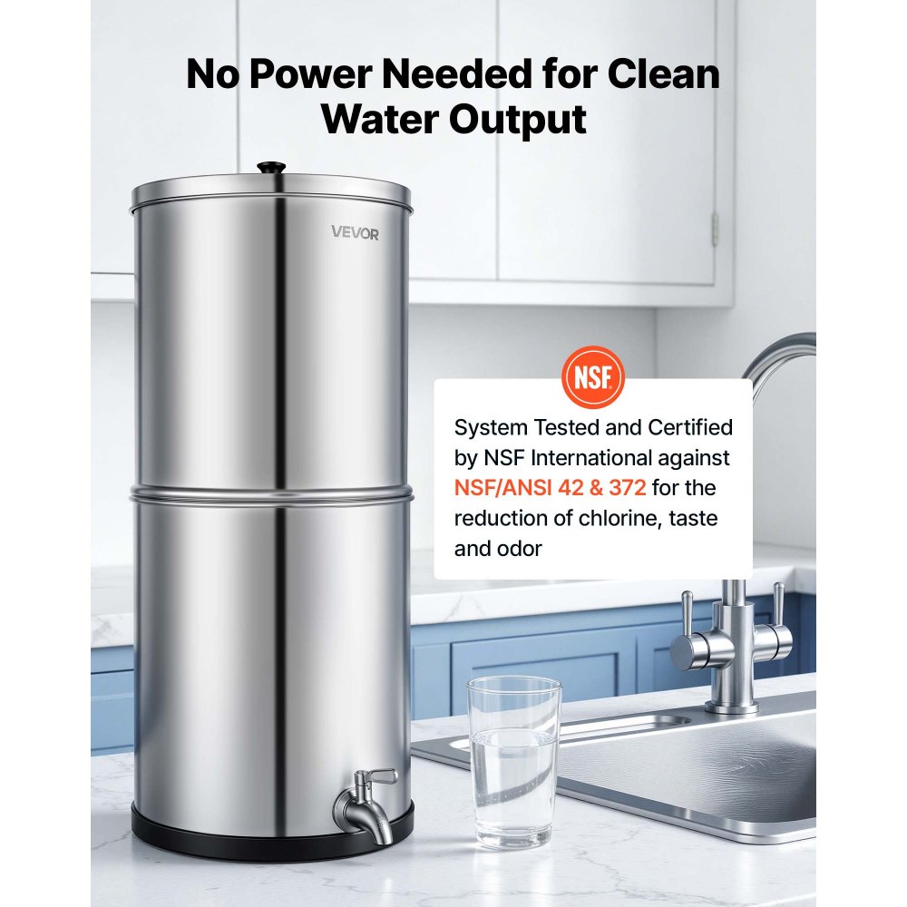 VEVOR Sistema di Filtraggio dell'Acqua a Gravità, Filtro per Acqua a Gravità in Acciaio Inox 304 11,36 Litri con Filtri a Carbone Attivo Ceramica per Campeggio Uso Domestico Viaggio in Camper