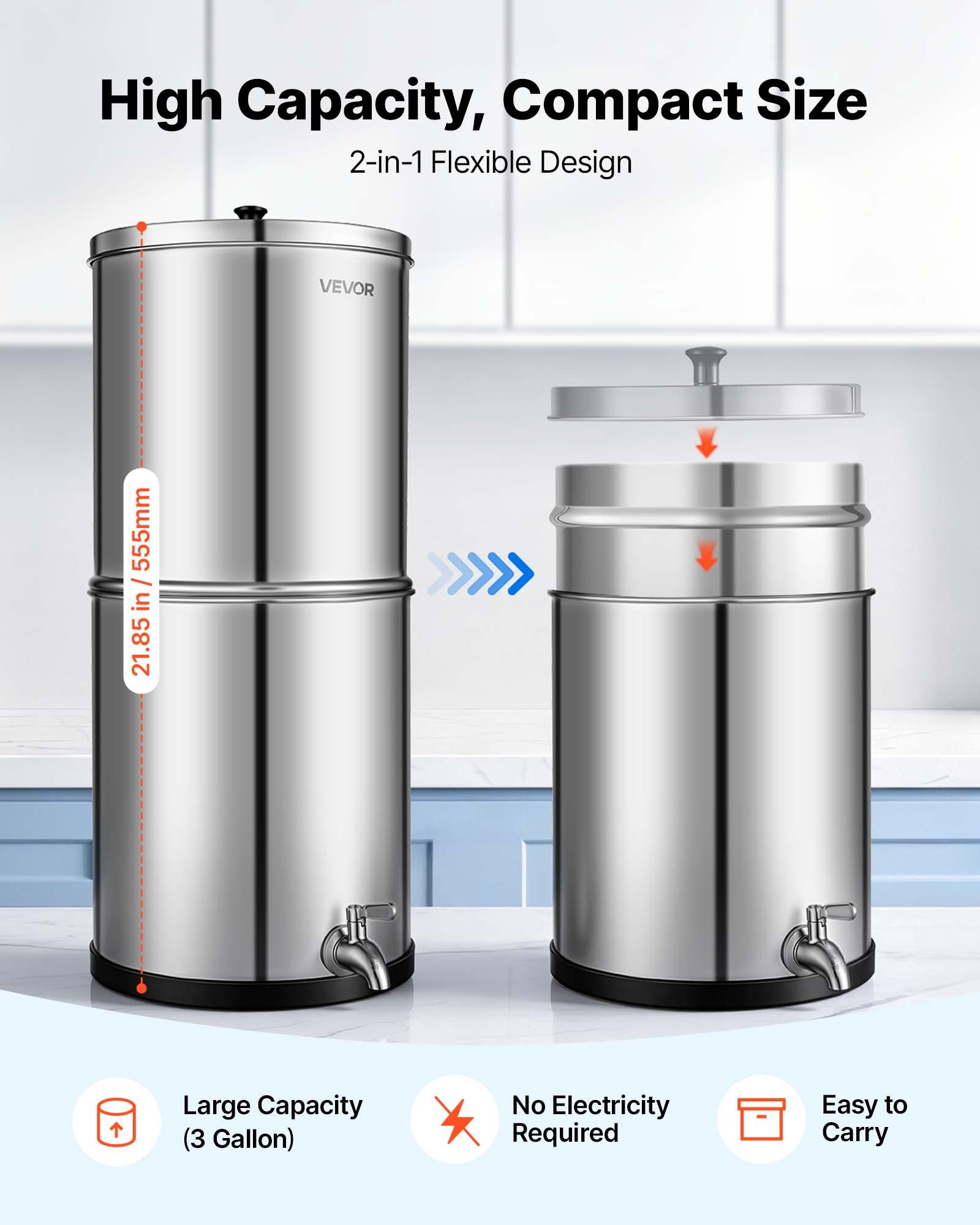 VEVOR Sistema di Filtraggio dell'Acqua a Gravità, Filtro per Acqua a Gravità in Acciaio Inox 304 11,36 Litri con Filtri a Carbone Attivo Ceramica per Campeggio Uso Domestico Viaggio in Camper