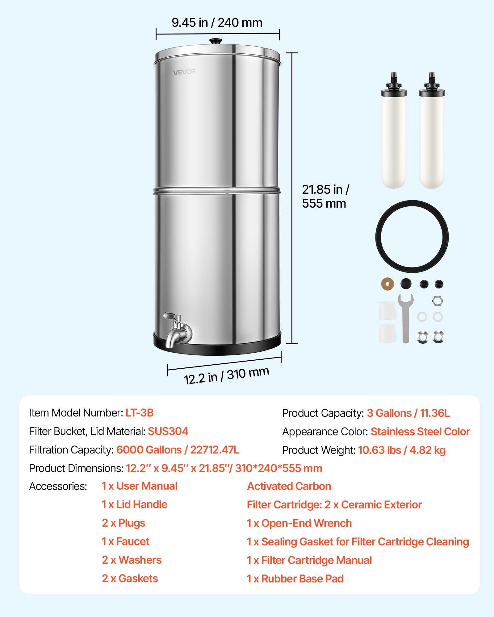 VEVOR Sistema di Filtraggio dell'Acqua a Gravità, Filtro per Acqua a Gravità in Acciaio Inox 304 11,36 Litri con Filtri a Carbone Attivo Ceramica per Campeggio Uso Domestico Viaggio in Camper
