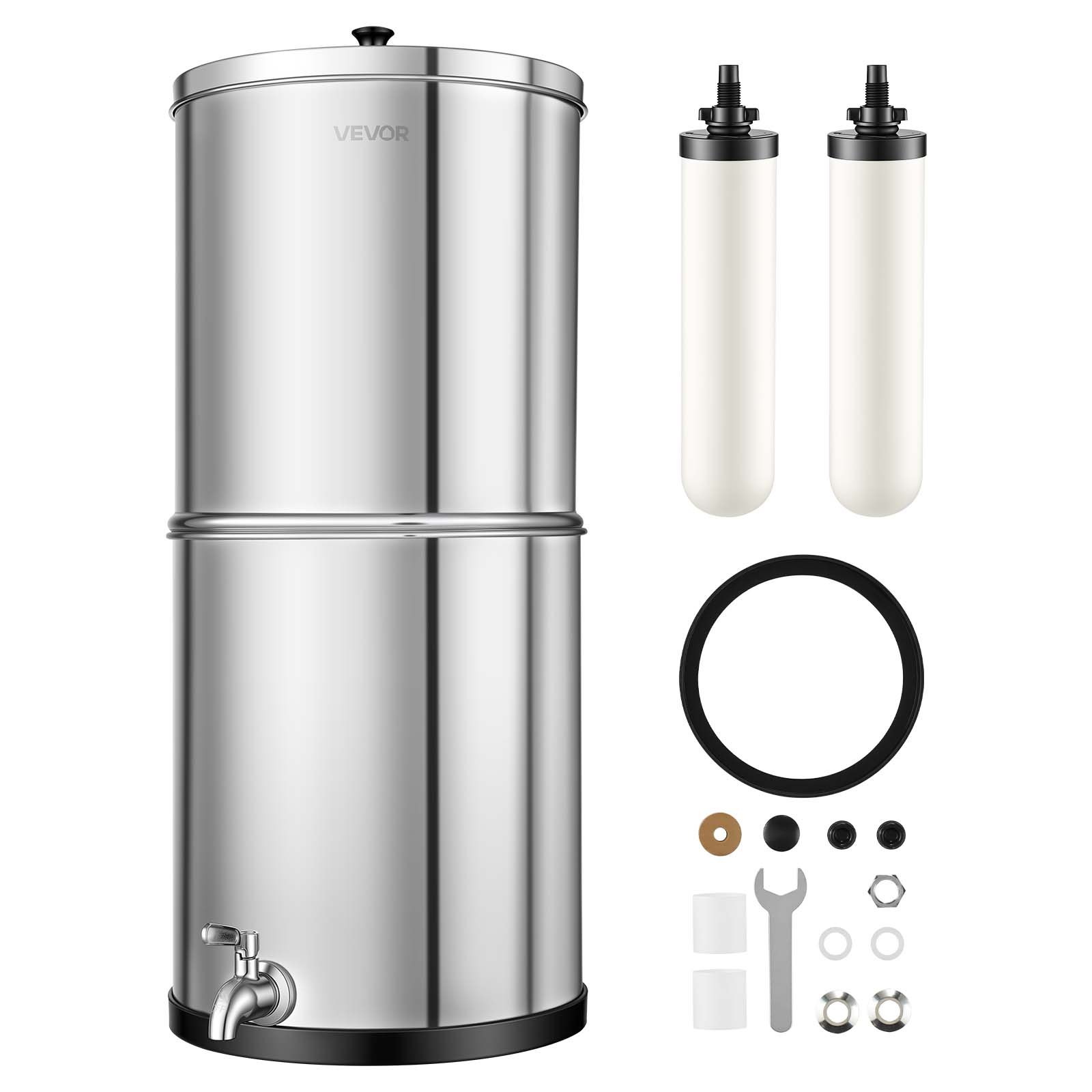 VEVOR Sistema di Filtraggio dell'Acqua a Gravità, Filtro per Acqua a Gravità in Acciaio Inox 304 11,36 Litri con Filtri a Carbone Attivo Ceramica per Campeggio Uso Domestico Viaggio in Camper