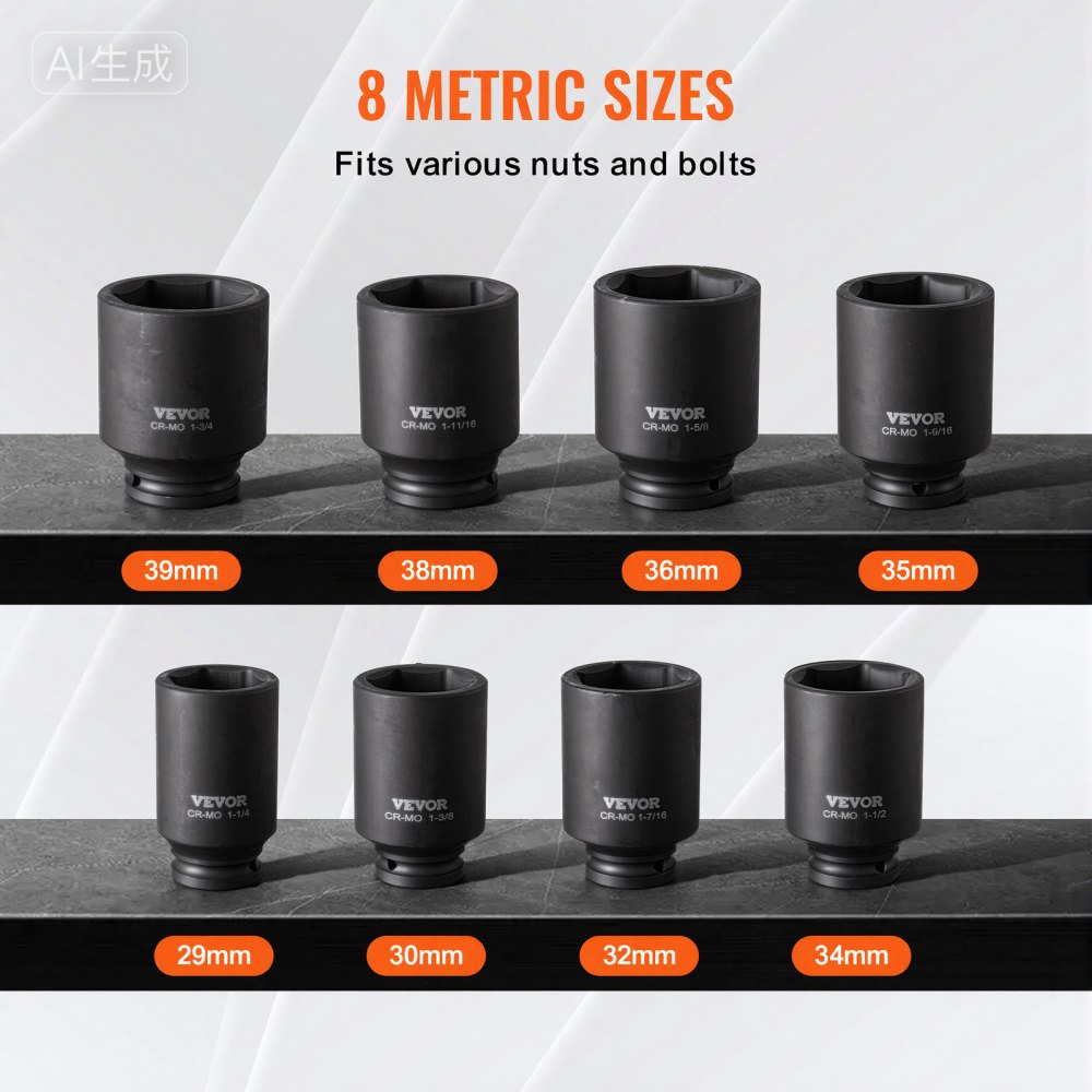 VEVOR Set di Bussole a Percussione per Dadi Asse, Attacco 12,7 mm Set di Bussole a 12 Punte Profonde 8 Pezzi, Set di Bussole Metriche CR-MO, Set Bussole a Impatto, Custodia per Riparazione Auto, Nero