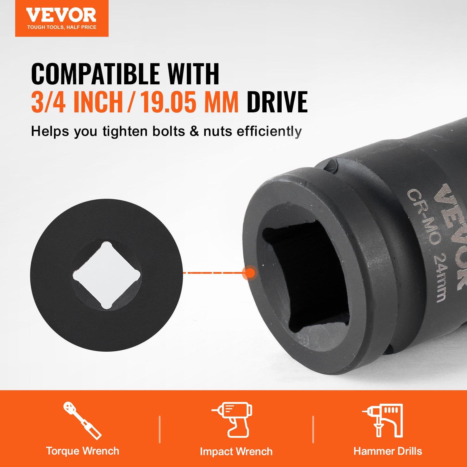 VEVOR Axle Nut Impact Socket Set, 19.05 mm Drive, 6-Point, 8-Piece, Metric, Spindle Nut Socket Set, CR-MO Steel Socket Set with Storage Case for Car Repair