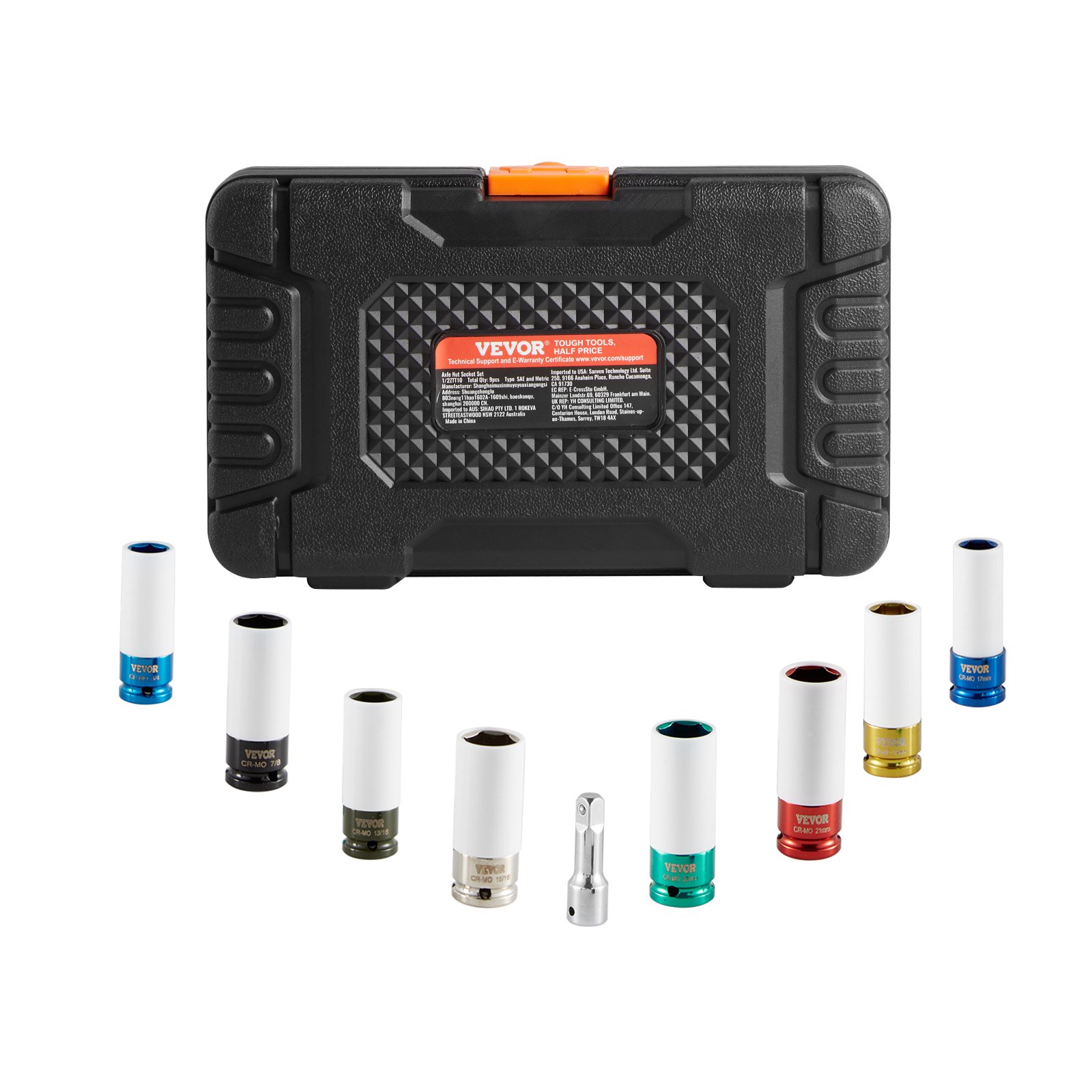 VEVOR Wheel Nut Impact Socket Set for 12.7 mm Drive, Metric and SAE, 6-Point Deep Socket Set, 8 Wheel Nut Sizes in Total, Wheel Nut Socket Set Made of CR-MO Steel