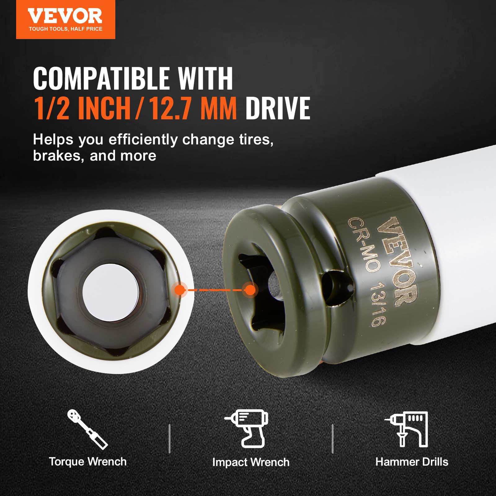 VEVOR Set di Bussole a Percussione per Dadi Ruota da 12,7 mm Sistema Metrico e SAE, Set di Bussole Profonde a 6 Punti, Totale 8 Dimensioni di Dadi Ruota, Set di Bussole per Dadi Ruota in Acciaio CR-MO