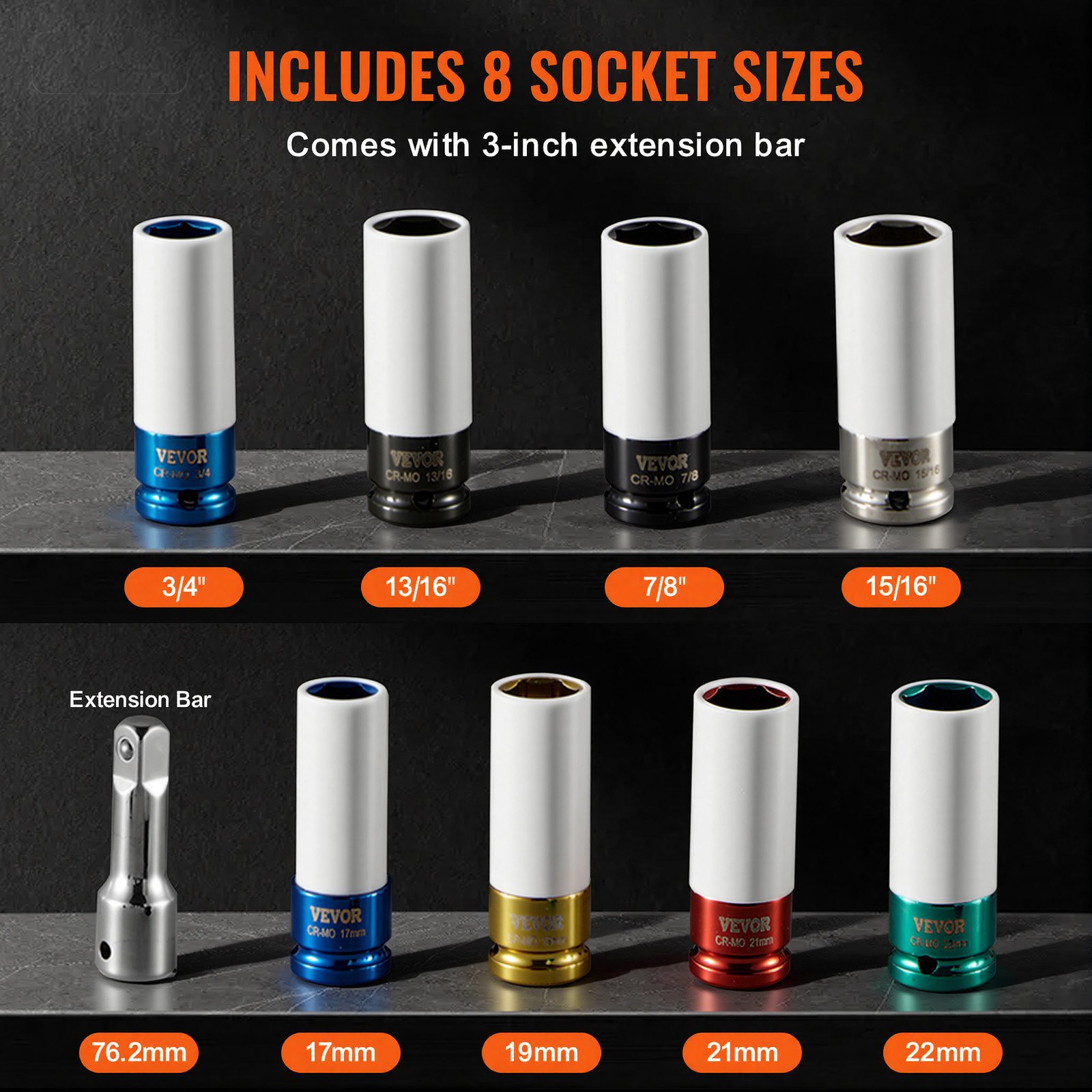 VEVOR Set di Bussole a Percussione per Dadi Ruota da 12,7 mm Sistema Metrico e SAE, Set di Bussole Profonde a 6 Punti, Totale 8 Dimensioni di Dadi Ruota, Set di Bussole per Dadi Ruota in Acciaio CR-MO