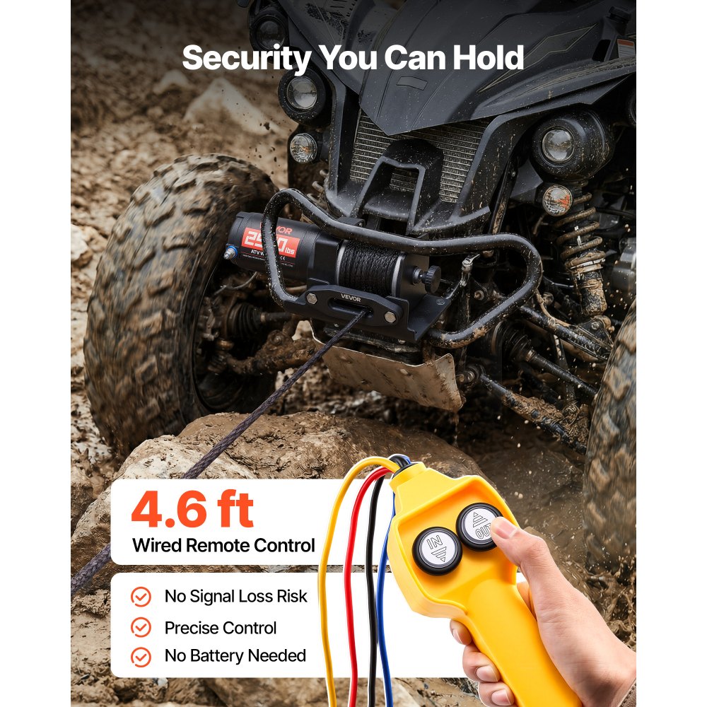 VEVOR Verricello Elettrico con Cavo da 1134 kg, Verricello Elettrico da 12 V CC per ATV/UTV Fuoristrada con Fune Sintetica Ø 4,8 mm x 12 m, Telecomando Cablato, Impermeabile IP55 per Recupero Stradale