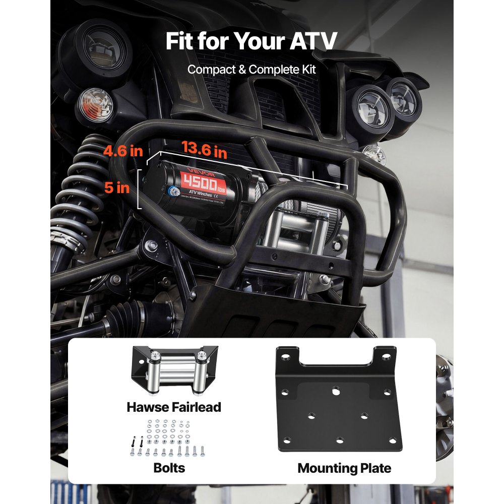 VEVOR Verricello Elettrico con Cavo da 2041 kg, Verricello Elettrico da 12 V CC per ATV/UTV con Cavo in Acciaio Ø 6 mm x 12 m, Telecomando Wireless e Cablato, Protezione IP54, per Recupero Stradale