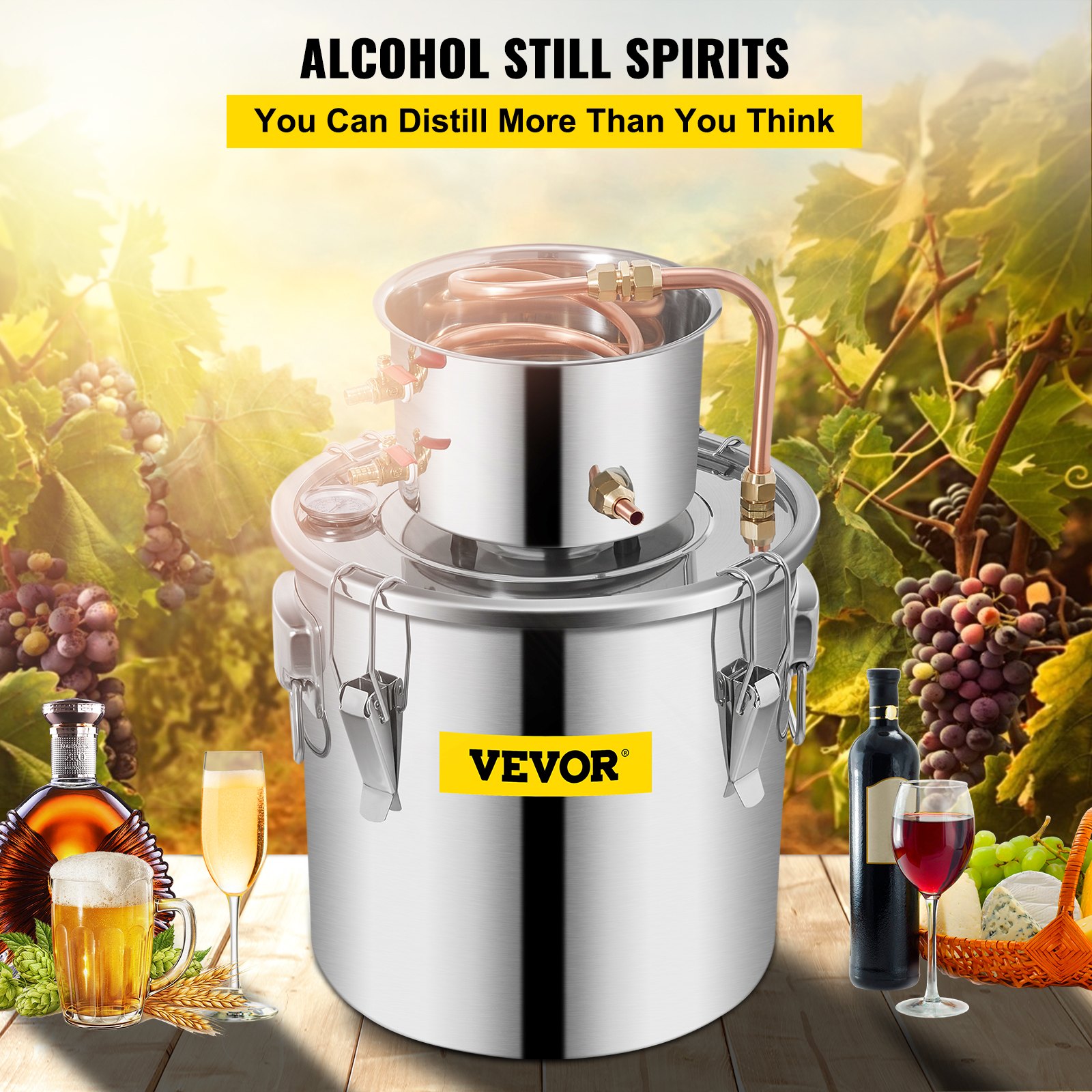 VEVOR Alambicco Distillatore 3Gal/11,4L Distillatore per Grappa in Acciaio Inox e Rame Rosso Distillatore Acqua con Un Fusto Distillatore Oli Essenziali Kit per Produzione di Vino Brandy Whisky Vodka