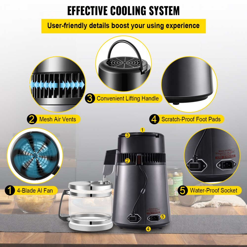 VEVOR Distillatore d'Acqua Purificatore Uso Domestico 750W Caldaia 4L Produzione 1L all'Ora, Macchina per Distillazione d'Acqua con Schermo di Controllo, Dispositivo 4L per Purificazione Uso Casalingo