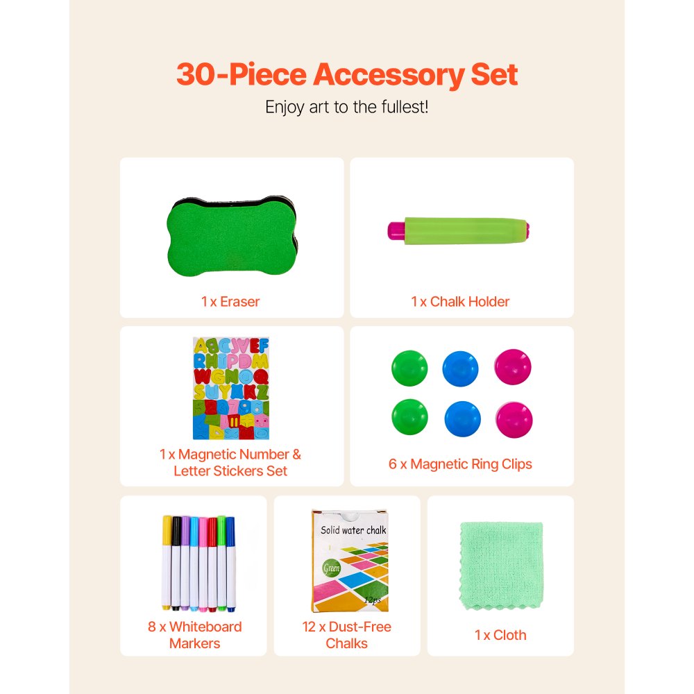 VEVOR Cavalletto da Arte per Bambini 2 in 1, Cavalletto da Arte in Legno a Doppia Faccia con Lavagna Magnetica, Tavolo da Disegno Pieghevole Girevole Regolabile con Accessori per Pittura per Ragazzi