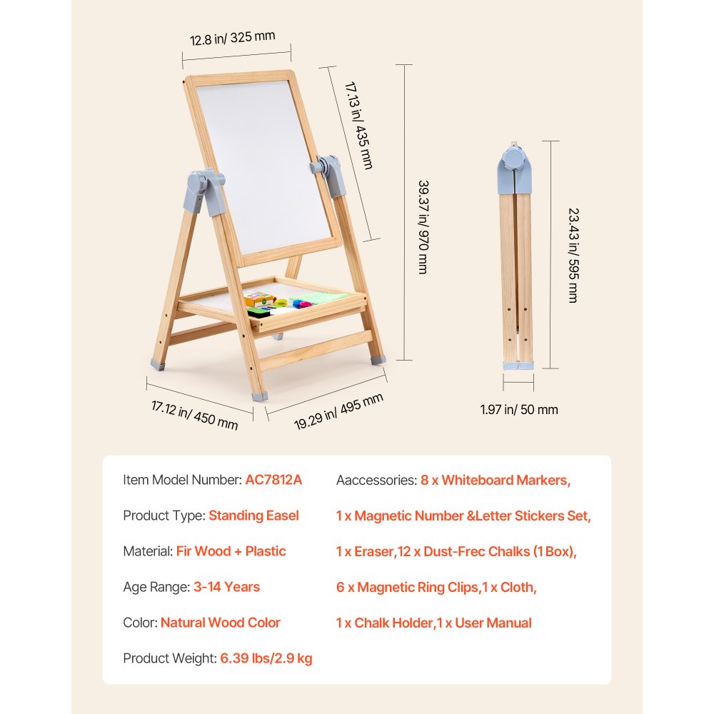 VEVOR Art Easel for Children, 2-in-1 Wooden Art Easel, Double-Sided, with Magnetic Whiteboard and Chalkboard, Adjustable, Standing, Rotating, Foldable Drawing Board with Painting Accessories for Boys and Girls