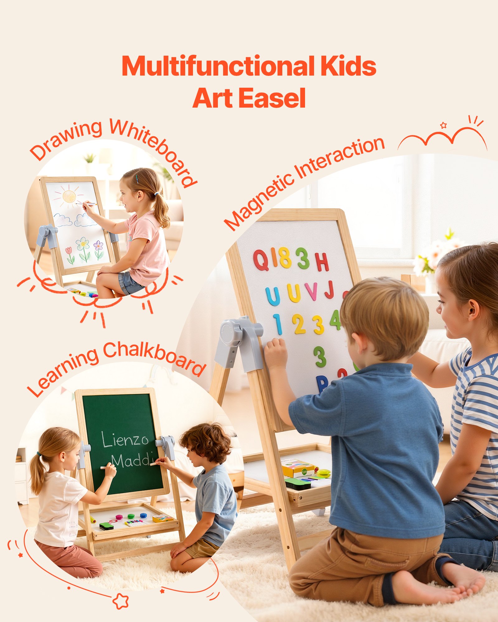 VEVOR Art Easel for Children, 2-in-1 Wooden Art Easel, Double-Sided, with Magnetic Whiteboard and Chalkboard, Adjustable, Standing, Rotating, Foldable Drawing Board with Painting Accessories for Boys and Girls