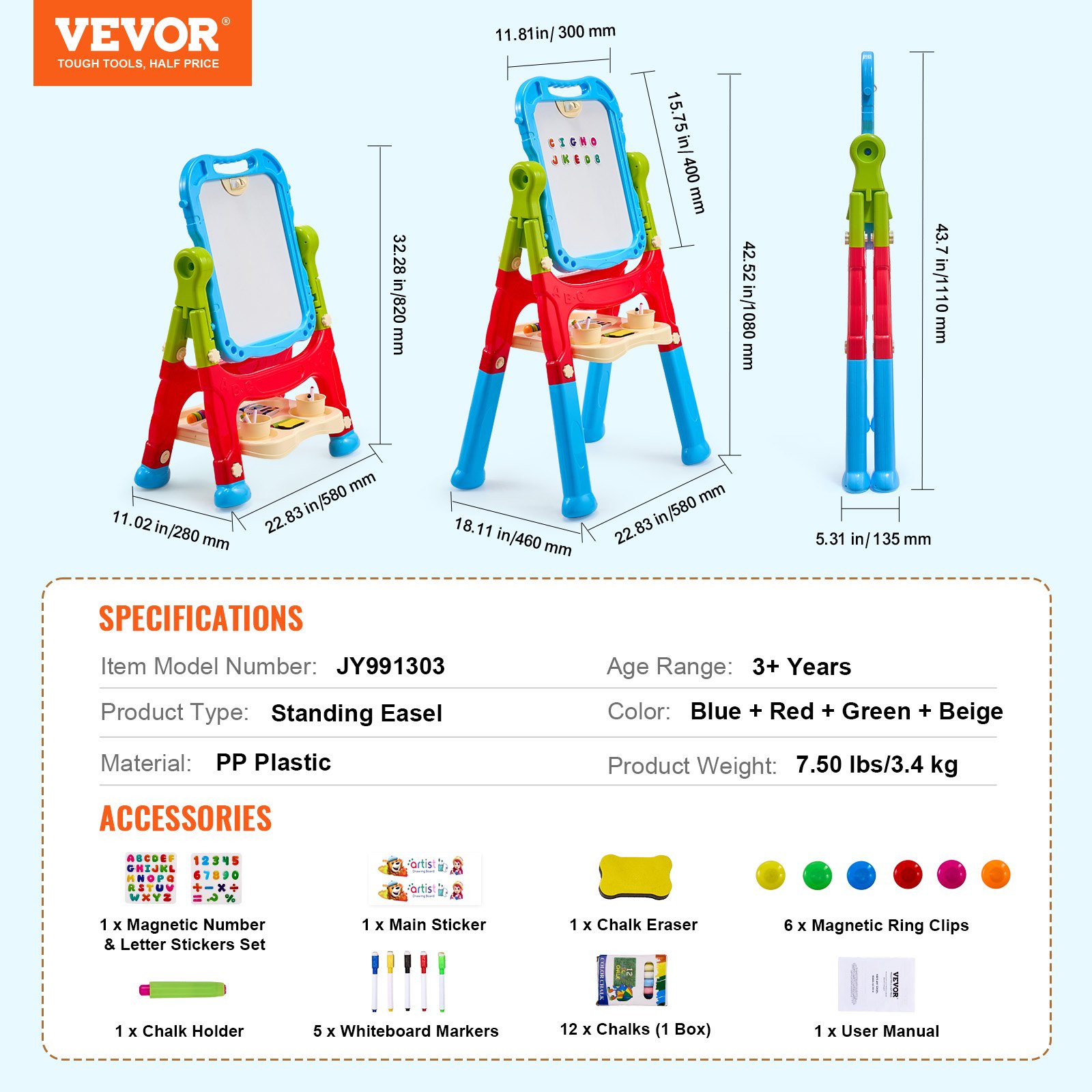 VEVOR Art Easel for Children, 2-in-1 Double-Sided Art Easel for Children with Magnetic Whiteboard and Chalkboard, Adjustable Standing Rotating Detachable Drawing Board with Painting Accessories for Boys and Girls