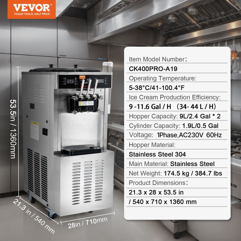 VEVOR Macchina per Gelato Professionale 34-44 L/h 1850 W 3 Gusti, Macchina per Gelato Commerciale Tramoggia 2x9 L, Pannello LED, Utilizzo Monobombola Disponibile, Refrigerazione Notturna, Snack Bar