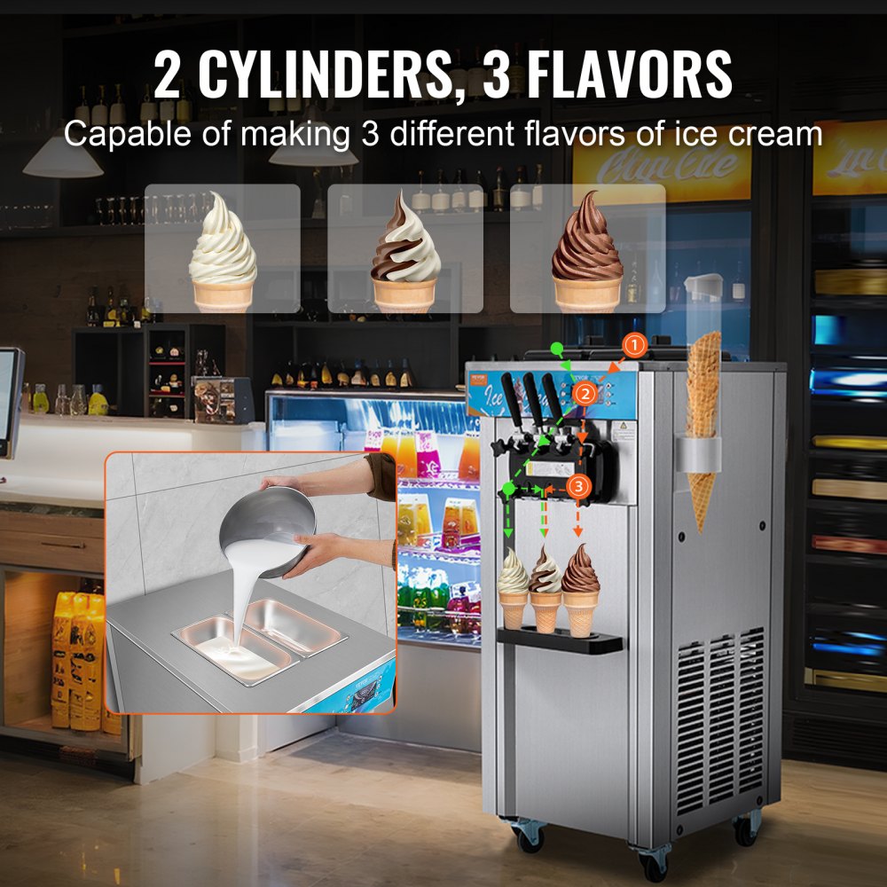 VEVOR Commercial Soft Serve Ice Cream Machine, 21-31 l/h Capacity, Freestanding Soft Serve Ice Cream Machine with 3 Flavors, 2 x 5.5 L Stainless Steel Cylinders, LED Panel, Automatic Pre-Cooling, for Restaurant Bars