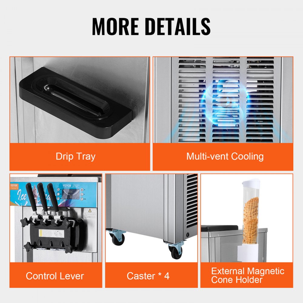 VEVOR Commercial Soft Serve Ice Cream Machine, 21-31 l/h Capacity, Freestanding Soft Serve Ice Cream Machine with 3 Flavors, 2 x 5.5 L Stainless Steel Cylinders, LED Panel, Automatic Pre-Cooling, for Restaurant Bars