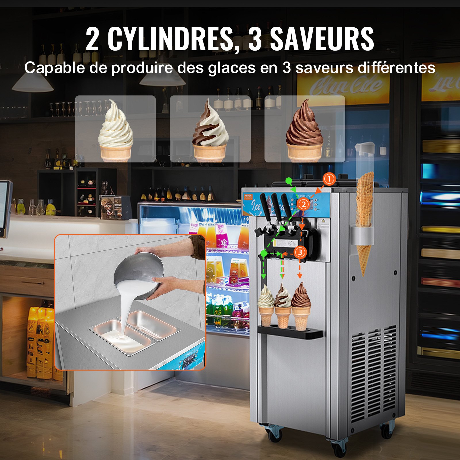 VEVOR Macchina per Gelato Commerciale 21-31 L/h 1500 W 3 Gusti, Macchina per Gelato Tramoggia 2x5,5 L, Pre-Refrigerazione, Pulizia Automatica, per Yogurt Caffè Snack Bar