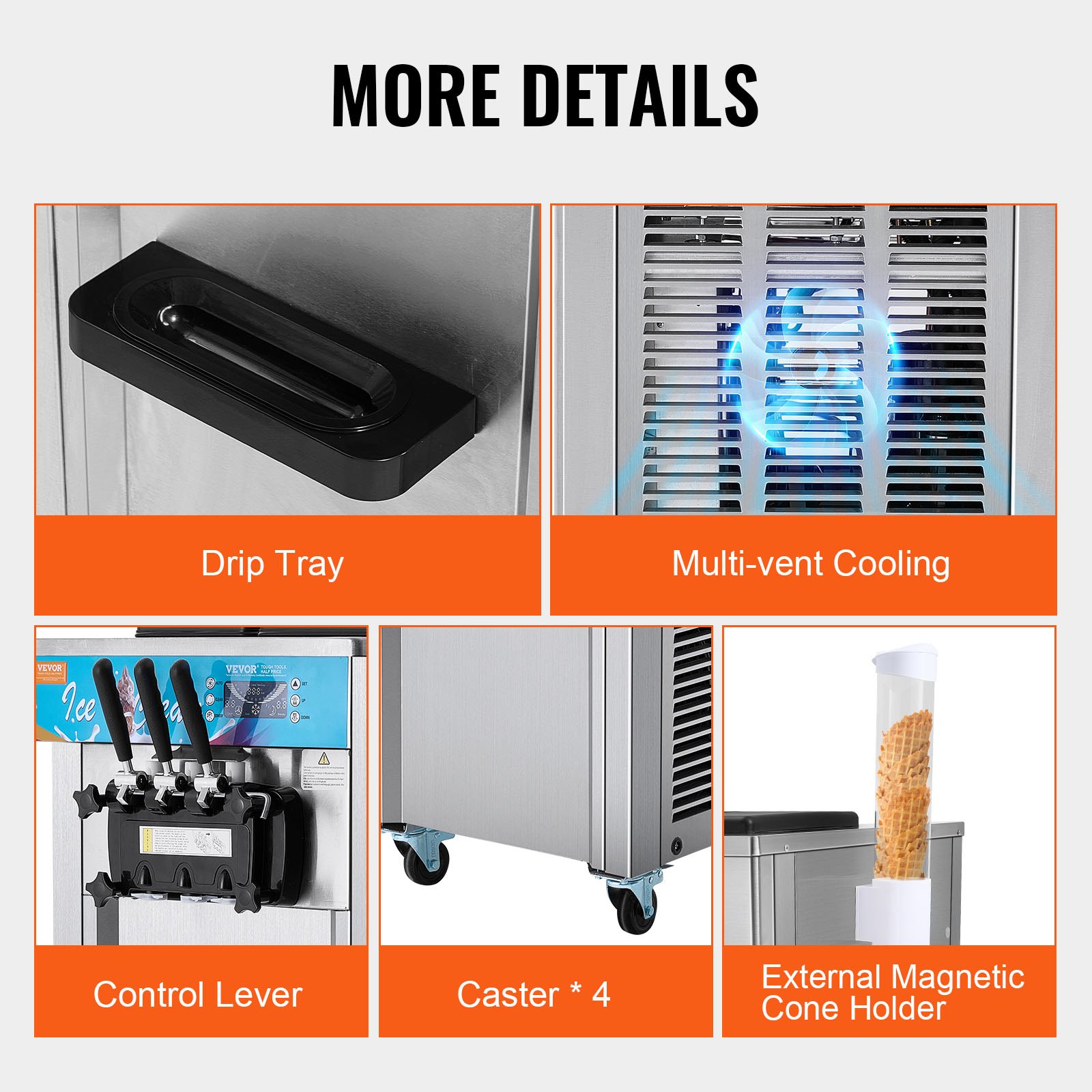 VEVOR Commercial Soft Serve Ice Cream Machine, 21-31 l/h Capacity, Freestanding Soft Serve Ice Cream Machine with 3 Flavors, 2 x 5.5 L Stainless Steel Cylinders, LED Panel, Automatic Pre-Cooling, for Restaurant Bars