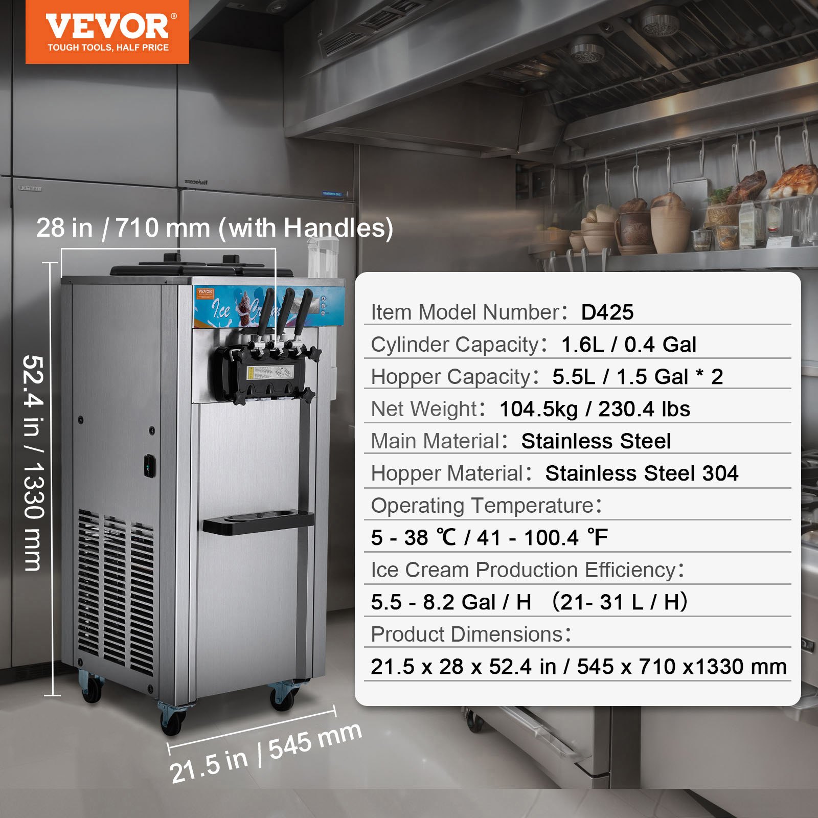 VEVOR Commercial Soft Serve Ice Cream Machine, 21-31 l/h Capacity, Freestanding Soft Serve Ice Cream Machine with 3 Flavors, 2 x 5.5 L Stainless Steel Cylinders, LED Panel, Automatic Pre-Cooling, for Restaurant Bars