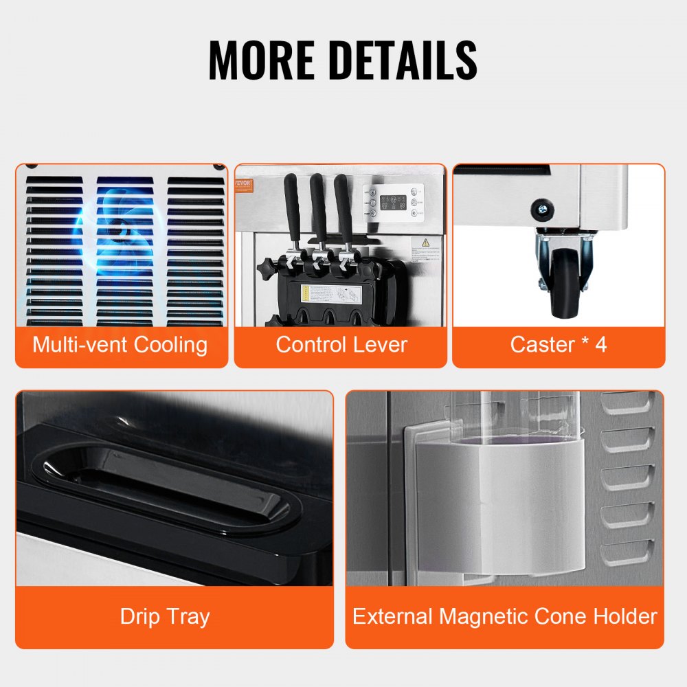 VEVOR Macchina per Gelato, Produzione 21-31 L/H, Macchina per Gelato Soft 3 Gusti 1670 W, 2 Tramogge in Acciaio Inox 4,3 L, Pannello LED Autopulente, Refrigerazione Notturna, per Bar Ristoranti