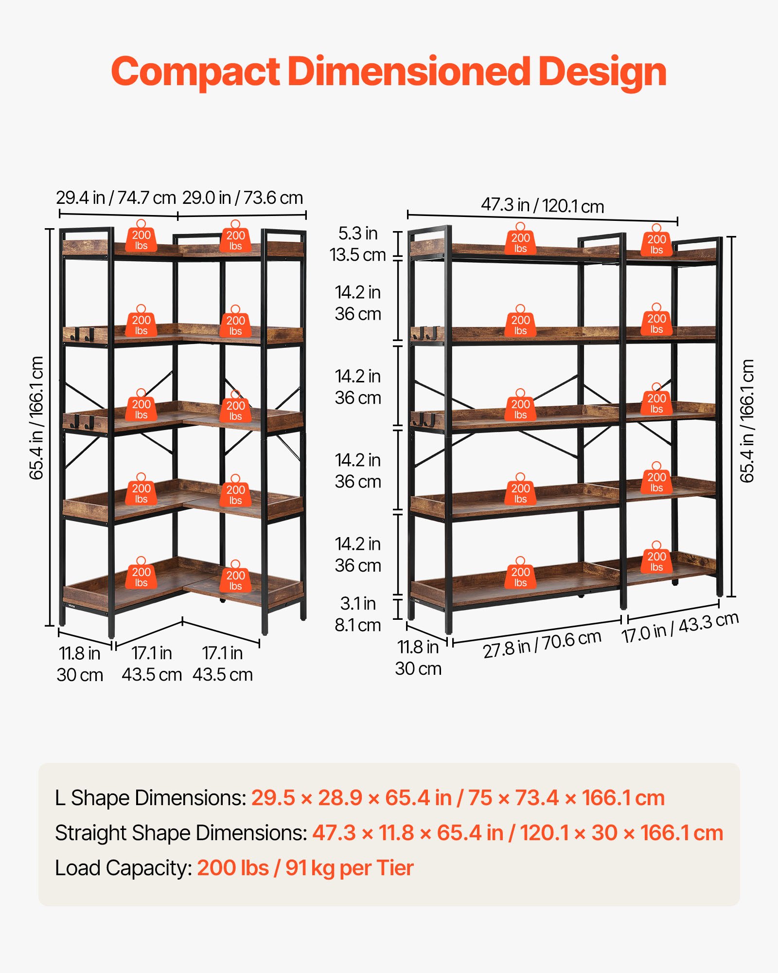 VEVOR Libreria Angolare a 5 Ripiani, Scaffale ad Angolo con 4 Ganci, Libreria a L con Struttura in Metallo e Ripiani in Legno, Scaffale Espositivo Reversibile per Camera da Letto, Soggiorno, Ufficio