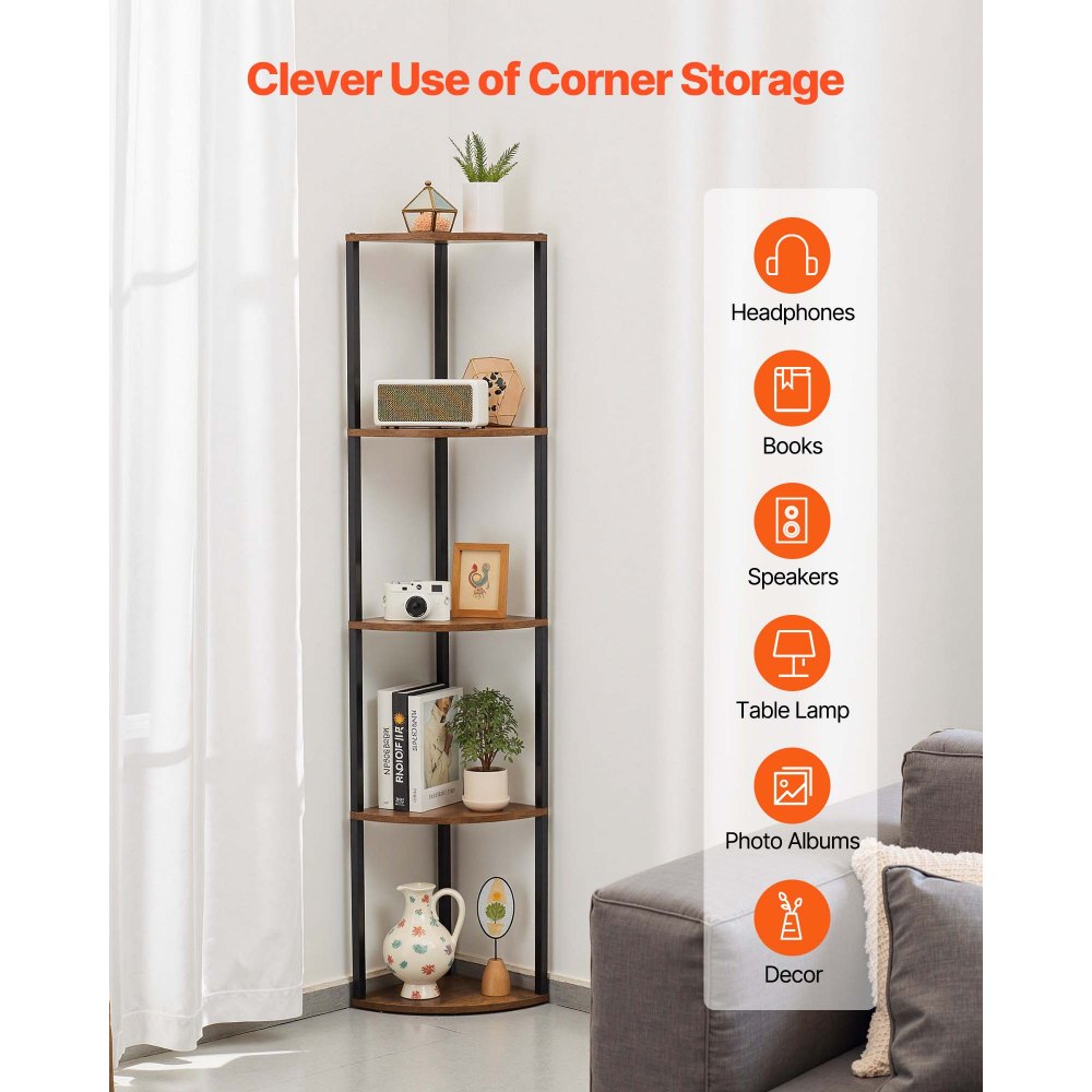 VEVOR Scaffale Angolare a 5 Ripiani, Supporto Angolare Alto con Luce LED, Mensole da Parete a Torre con Struttura in Metallo e Ripiani in Legno, Libreria Stretta per Camera da Letto, Soggiorno