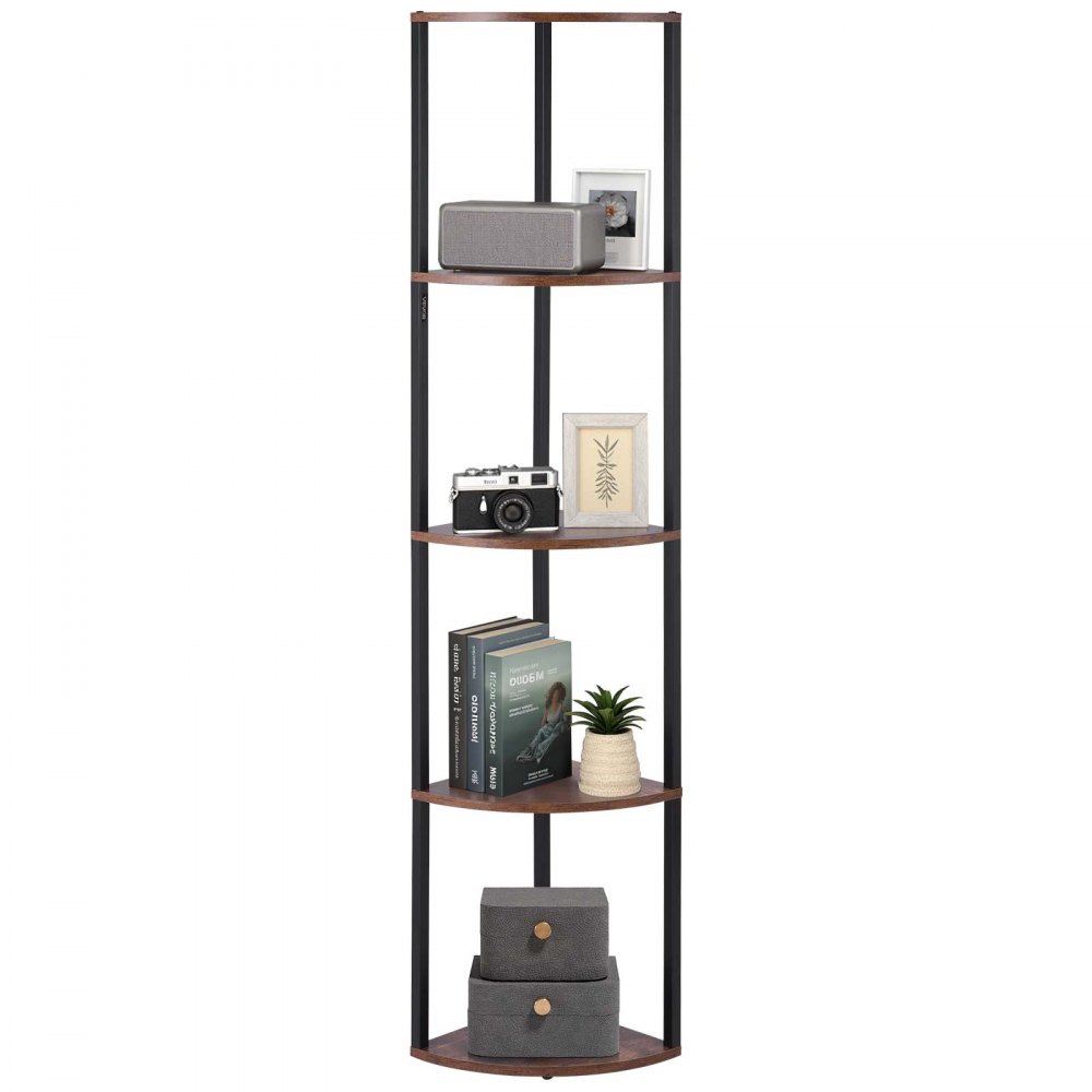 VEVOR Scaffale Angolare a 5 Ripiani, Supporto Angolare Alto con Luce LED, Mensole da Parete a Torre con Struttura in Metallo e Ripiani in Legno, Libreria Stretta per Camera da Letto, Soggiorno