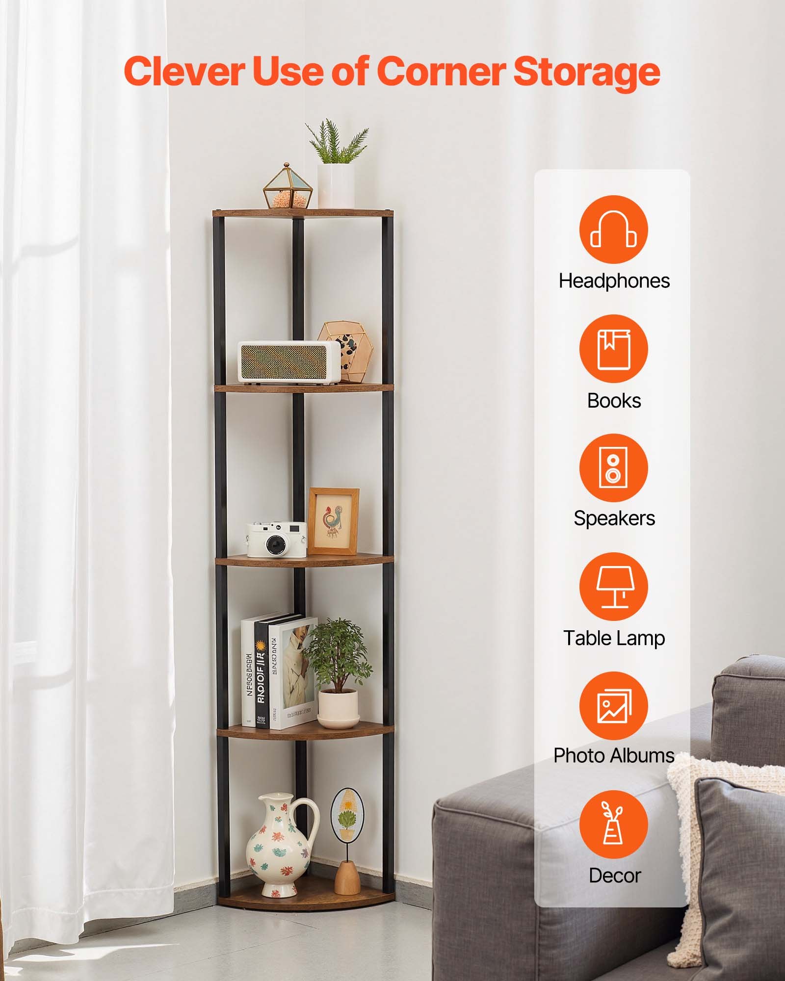 VEVOR Scaffale Angolare a 5 Ripiani, Supporto Angolare Alto con Luce LED, Mensole da Parete a Torre con Struttura in Metallo e Ripiani in Legno, Libreria Stretta per Camera da Letto, Soggiorno