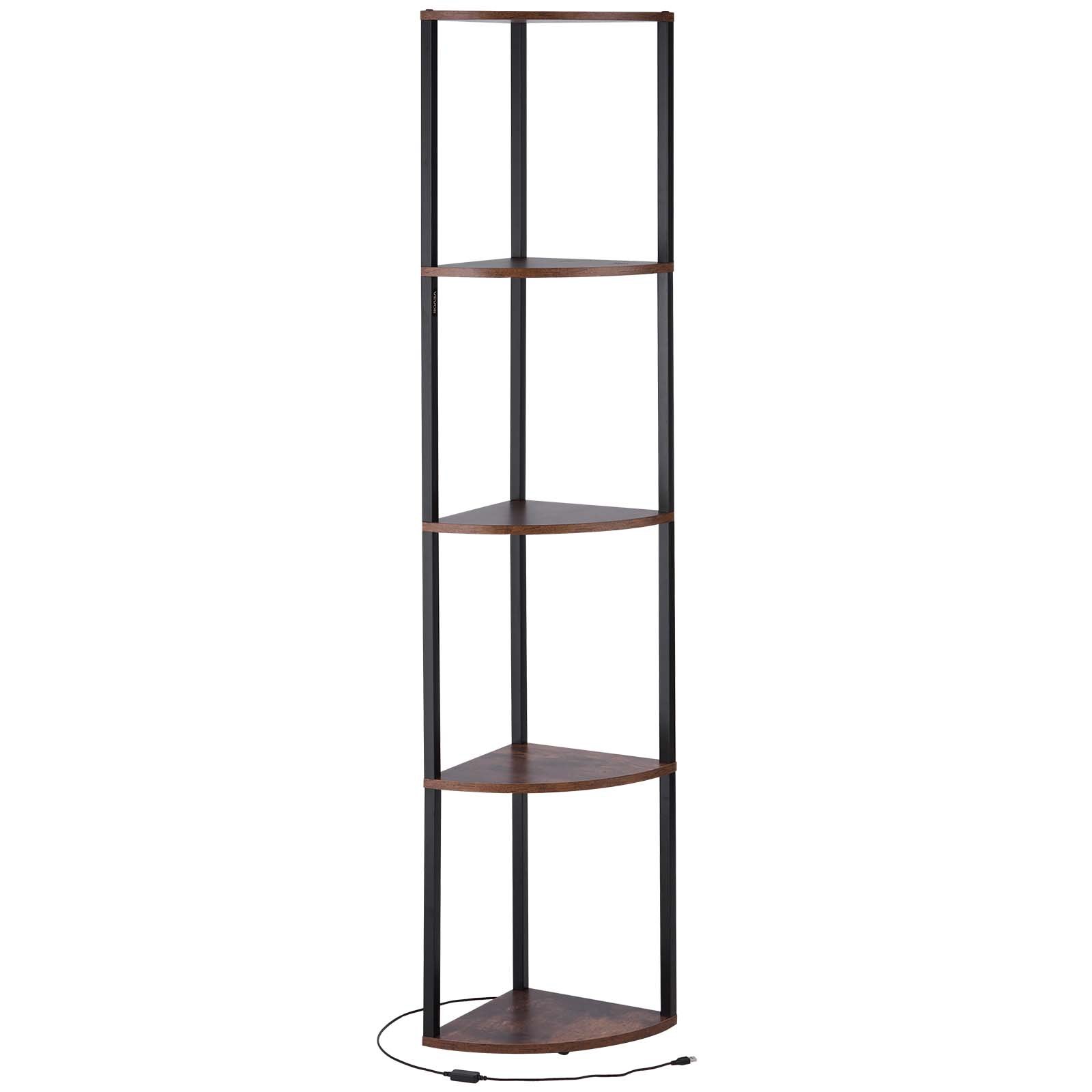 VEVOR Scaffale Angolare a 5 Ripiani, Supporto Angolare Alto con Luce LED, Mensole da Parete a Torre con Struttura in Metallo e Ripiani in Legno, Libreria Stretta per Camera da Letto, Soggiorno